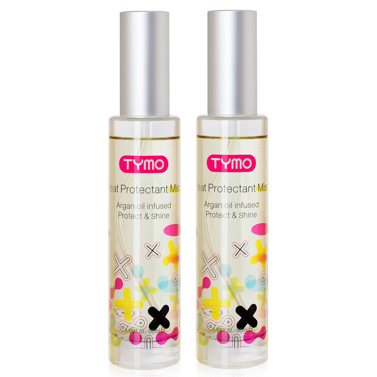 TYMO heat protectant bottle angled for heat protection during styling with argan oil