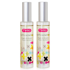 TYMO heat protectant bottle angled for heat protection during styling with argan oil