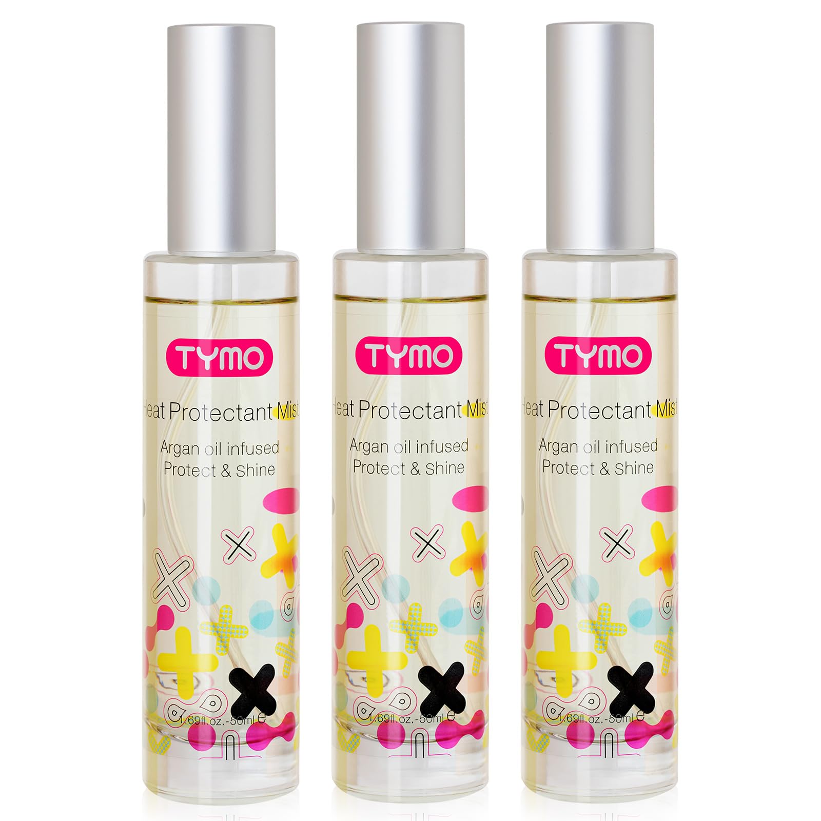 TYMO heat protectant bottle in use, guarding hair against heat up to 450°F.
