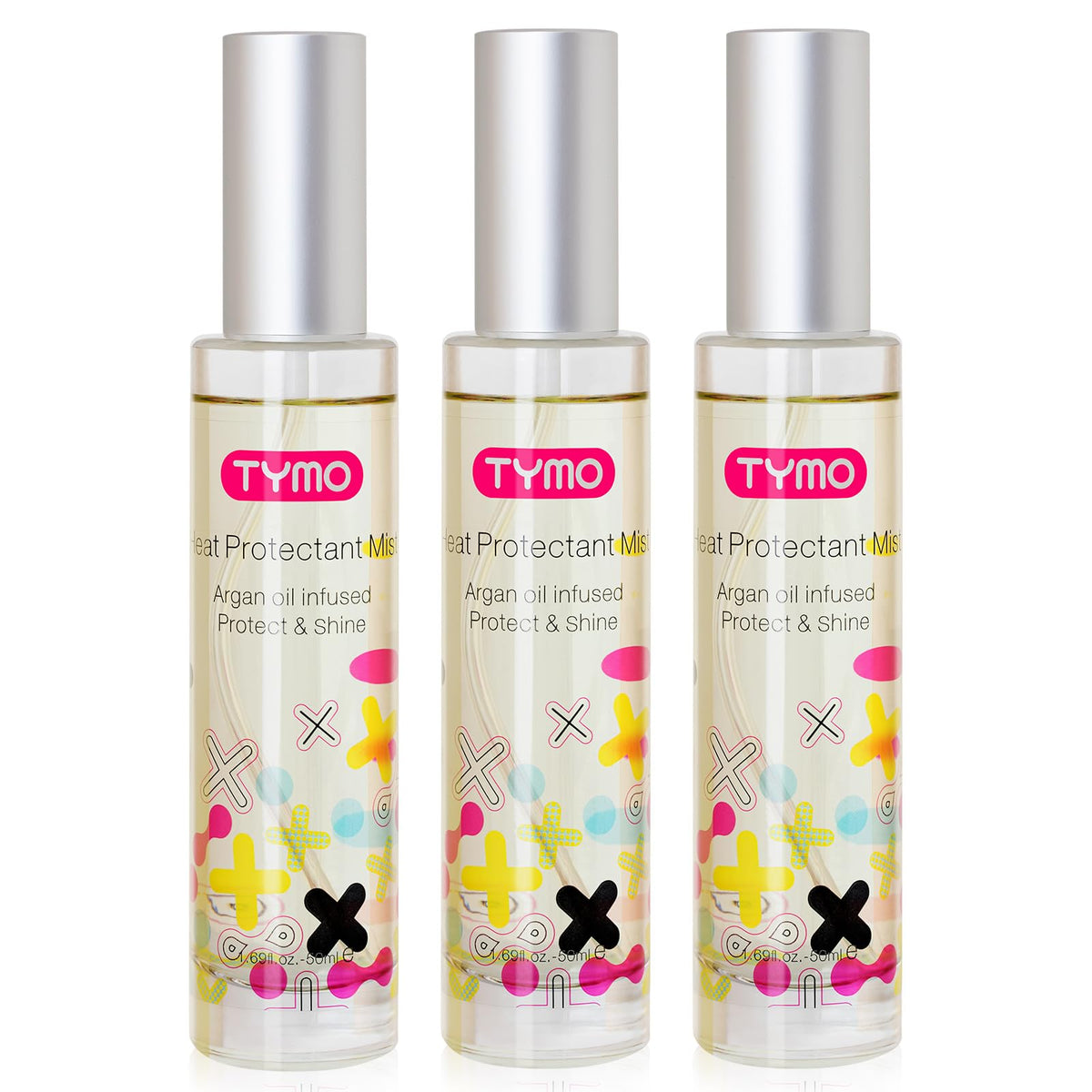 TYMO heat protectant bottle in use, guarding hair against heat up to 450°F.