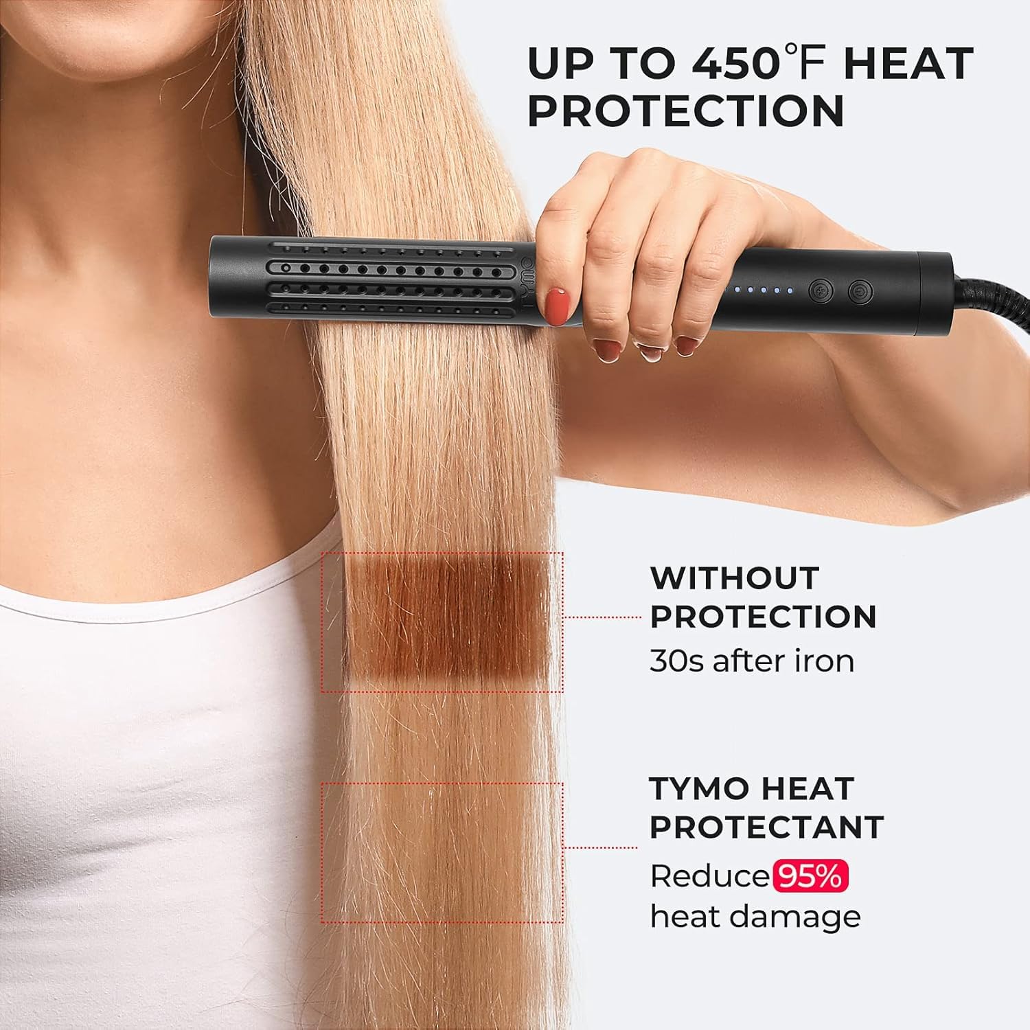 TYMO spray protecting curls during styling with heat
