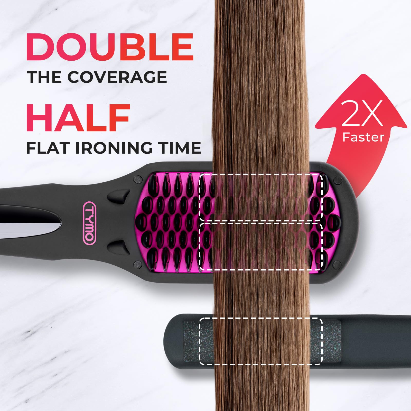 TYMO Ionic Hair Straightener Brush purple-teeth-closeup shows heat focus on hair.