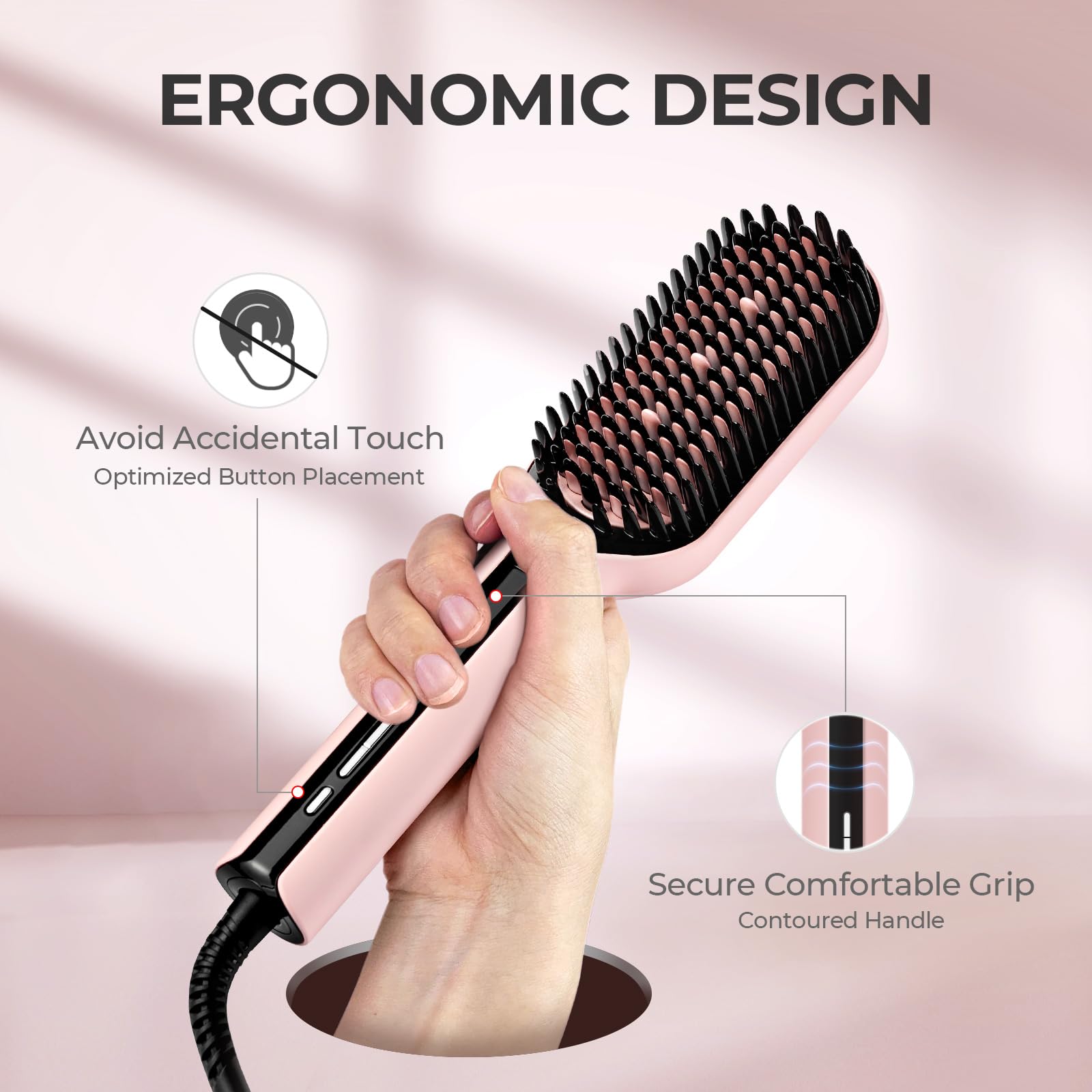 TYMO pink color straightening brush adds style to routine and vanity.