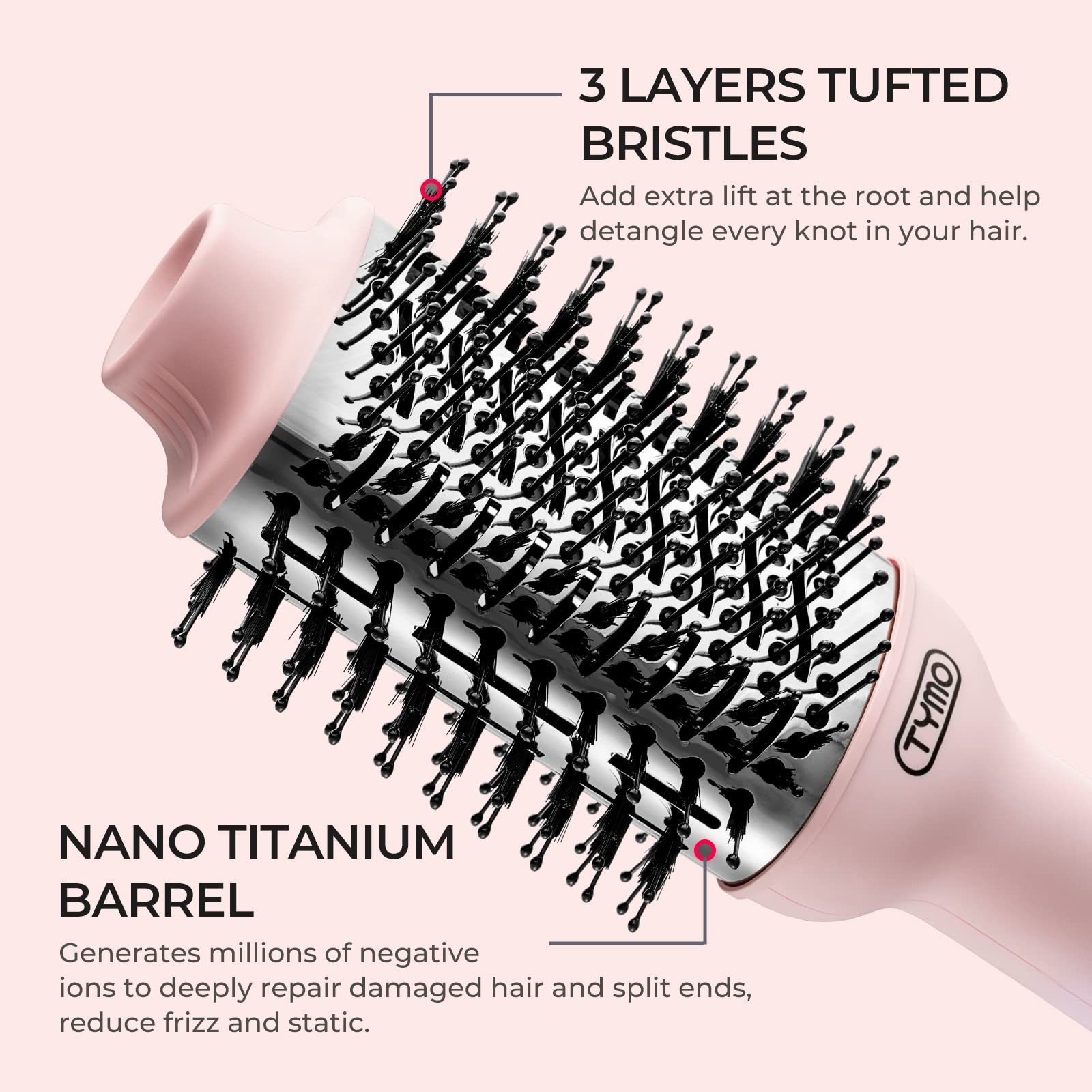 TYMO Pink Volumizer 360° vent design for faster drying and lasting style.