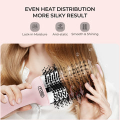 TYMO Pink Volumizer nylon bristles glide through hair for detangling and lift.