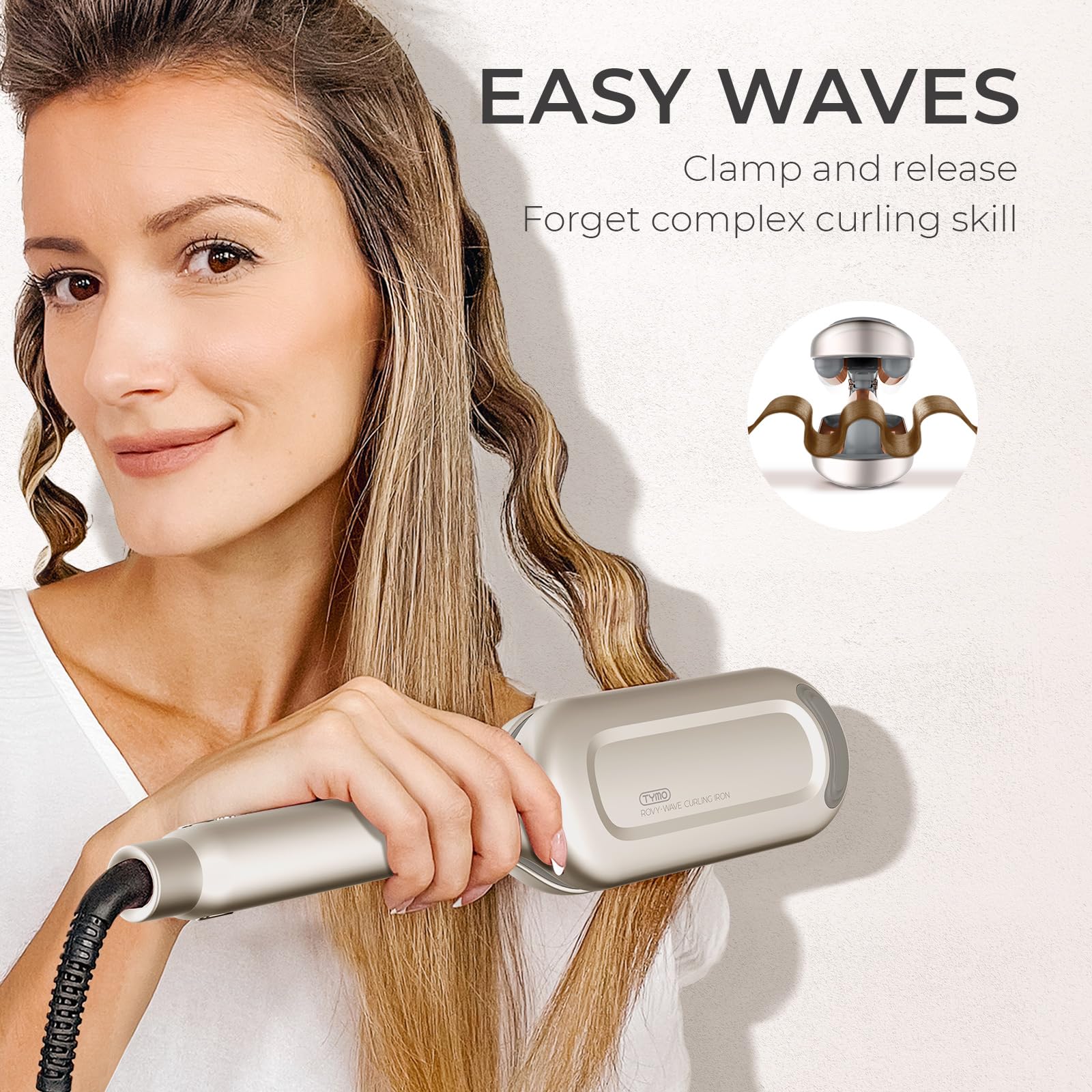 TYMO ROVY ceramic 3-barrel provides uniform heat for voluminous waves.