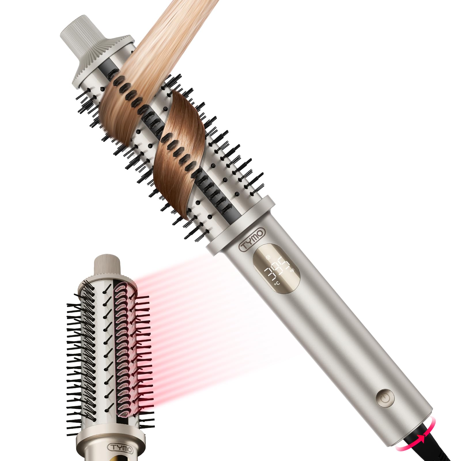 TYMO Stylux Pro front view showing compact heat brush for quick at-home blowouts