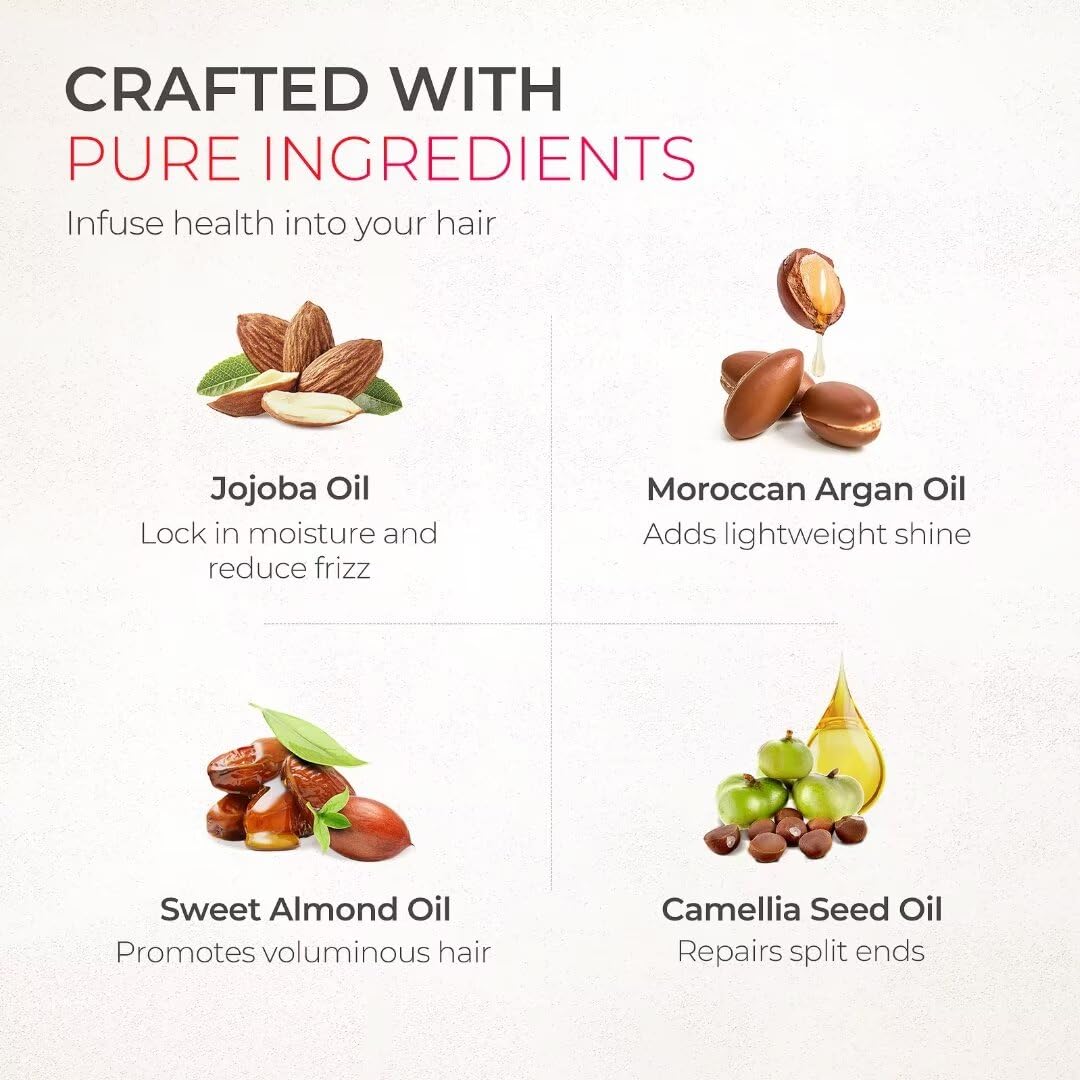 TYMO Weightless Hair Oil ingredient swatch showcases argan and jojoba for hydration.
