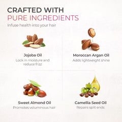 TYMO Weightless Hair Oil ingredient swatch showcases argan and jojoba for hydration.