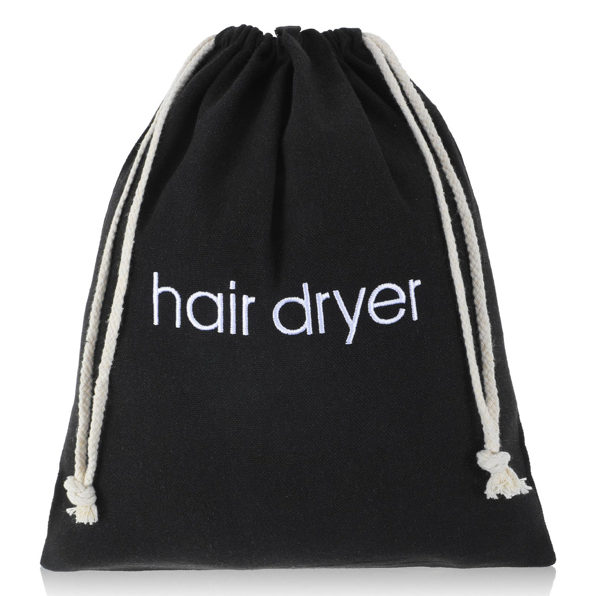 Tyqour hair dryer bag in black with drawstring closure for secure travel storage