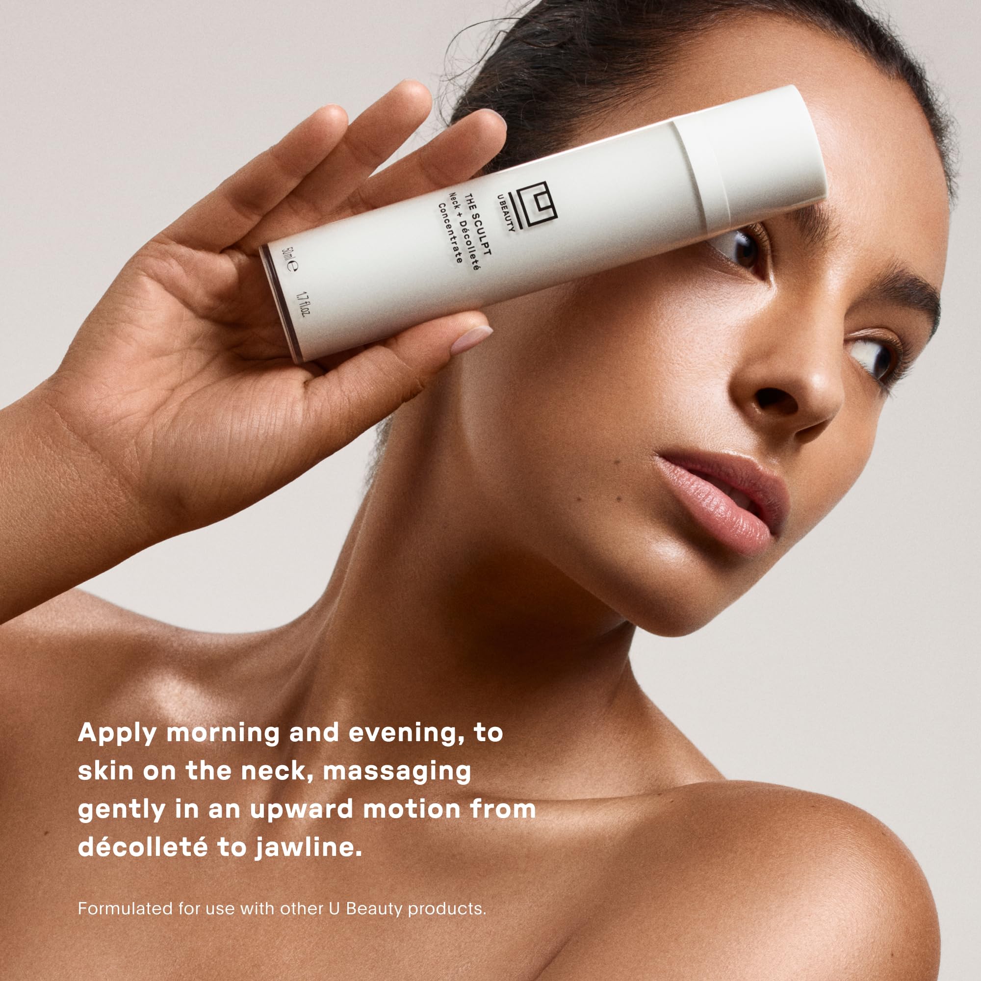 U Beauty SCULPT hexapeptide and vitamins display suggests elasticity and softness improvements.