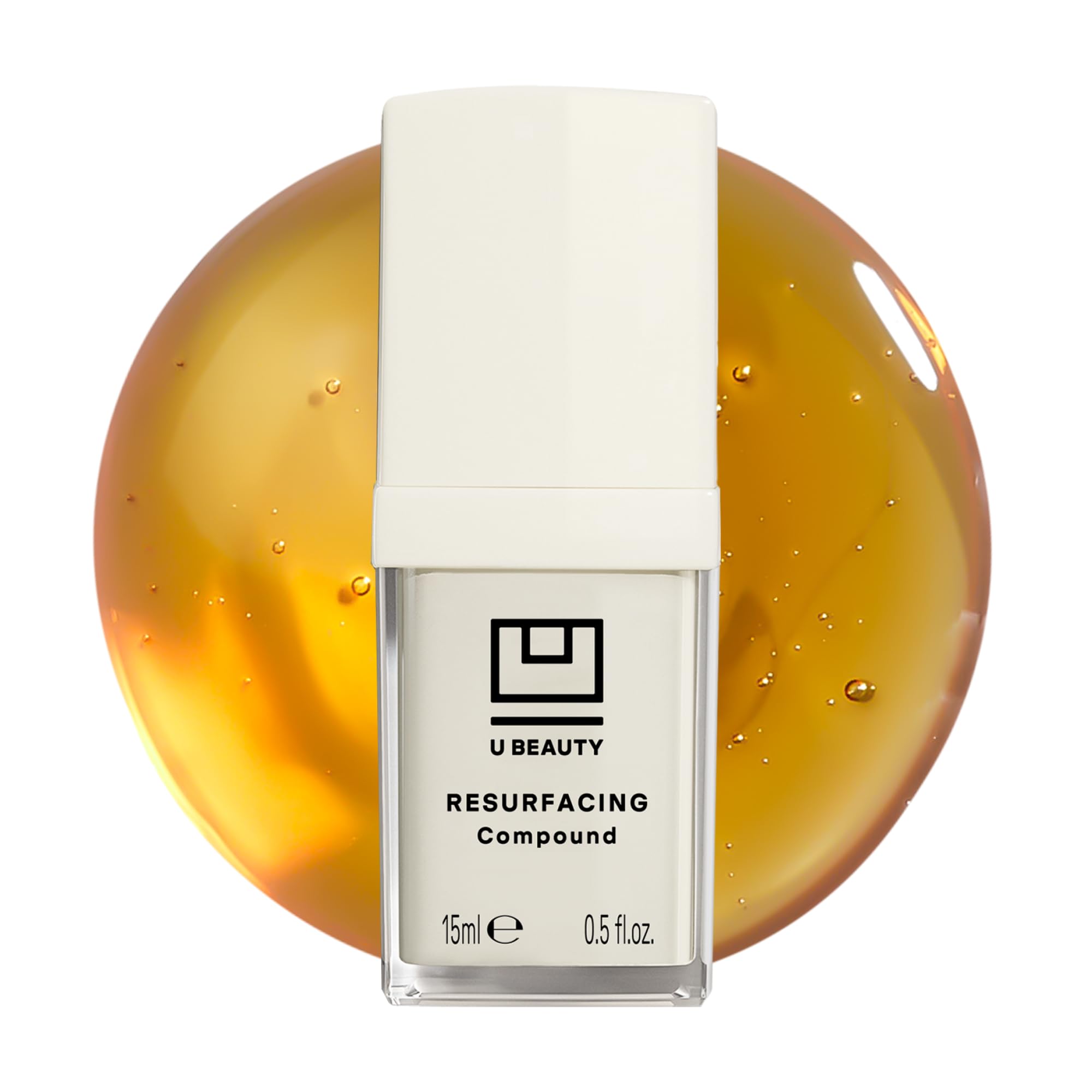 U Beauty Resurfacing Compound Serum bottle close-up for radiant skin.
