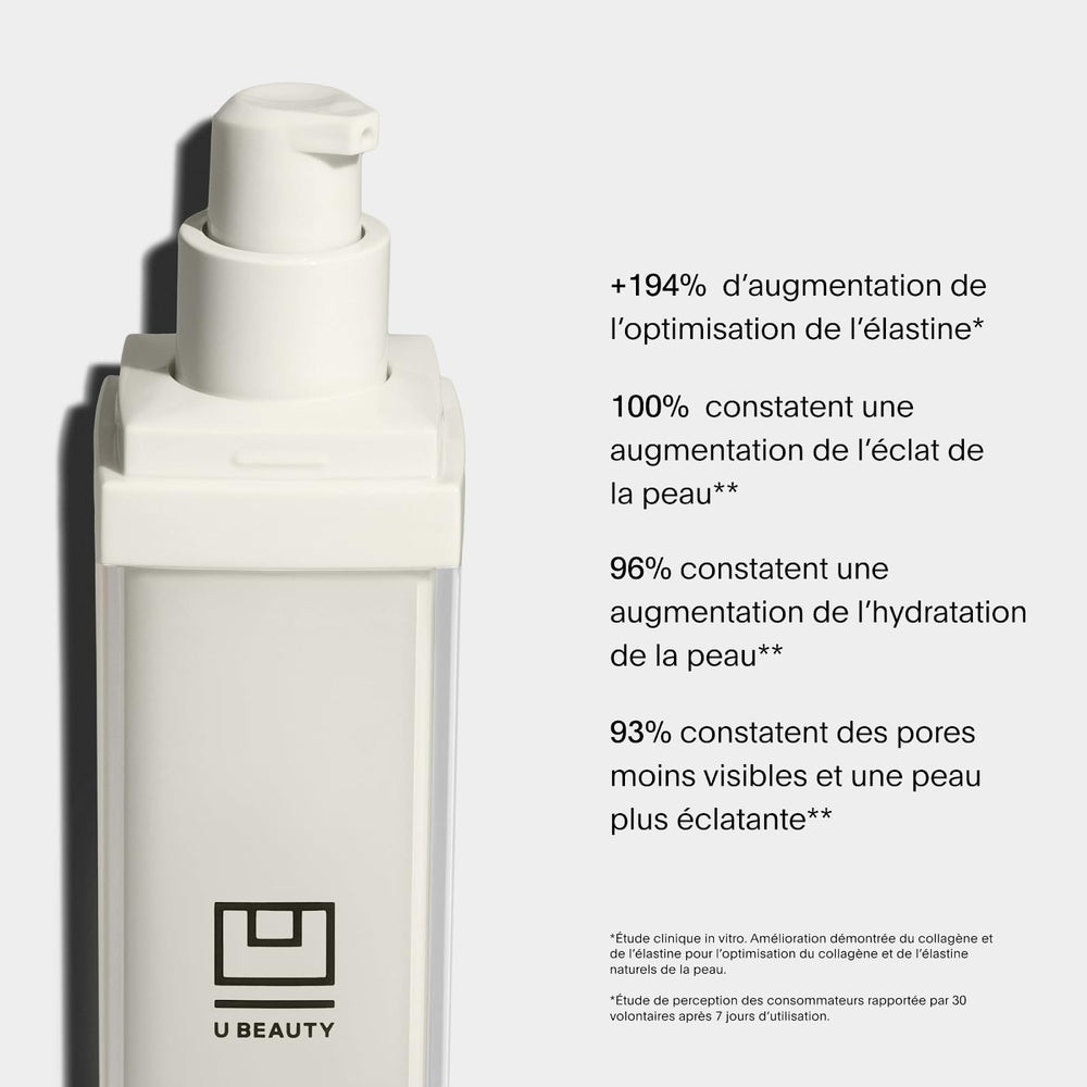 Face close-up with U Beauty Resurfacing Compound Serum, suggesting improved texture and even tone