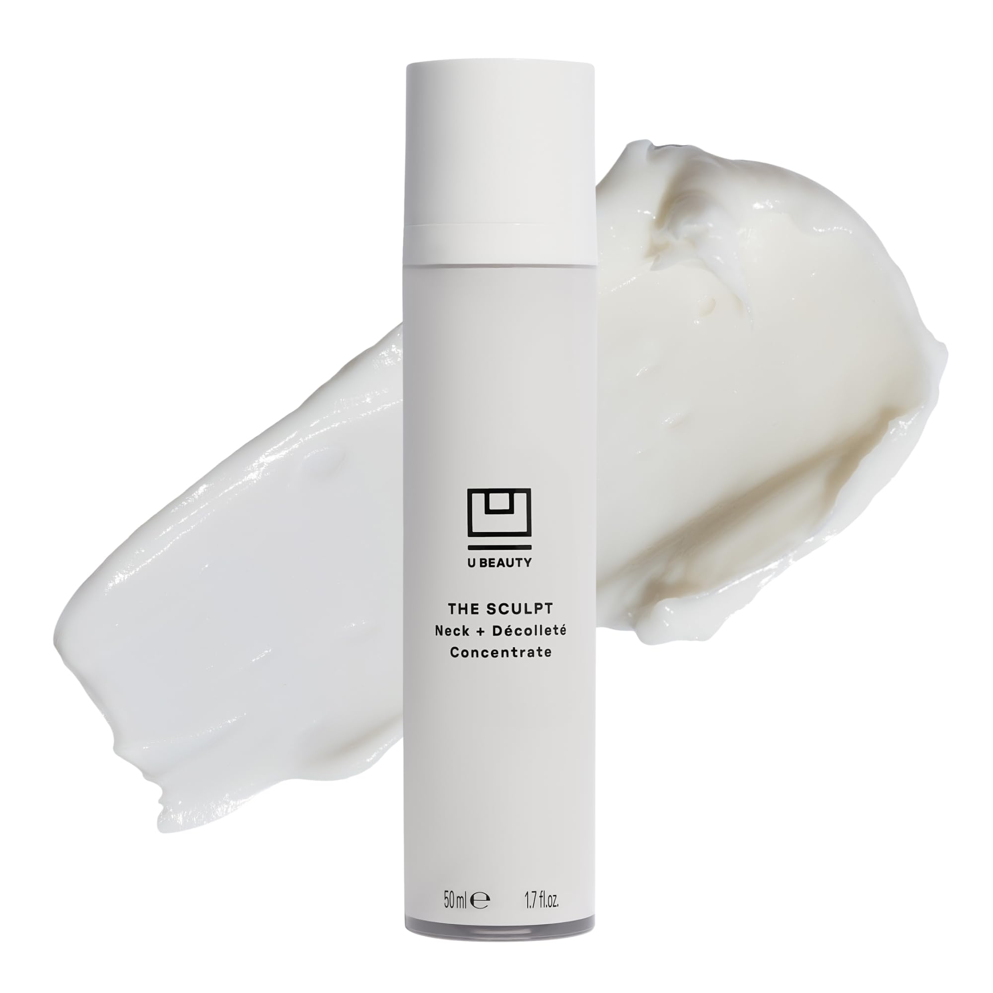 U Beauty SCULPT neck-decollete bottle close-up showcases firming and hydrating benefits.