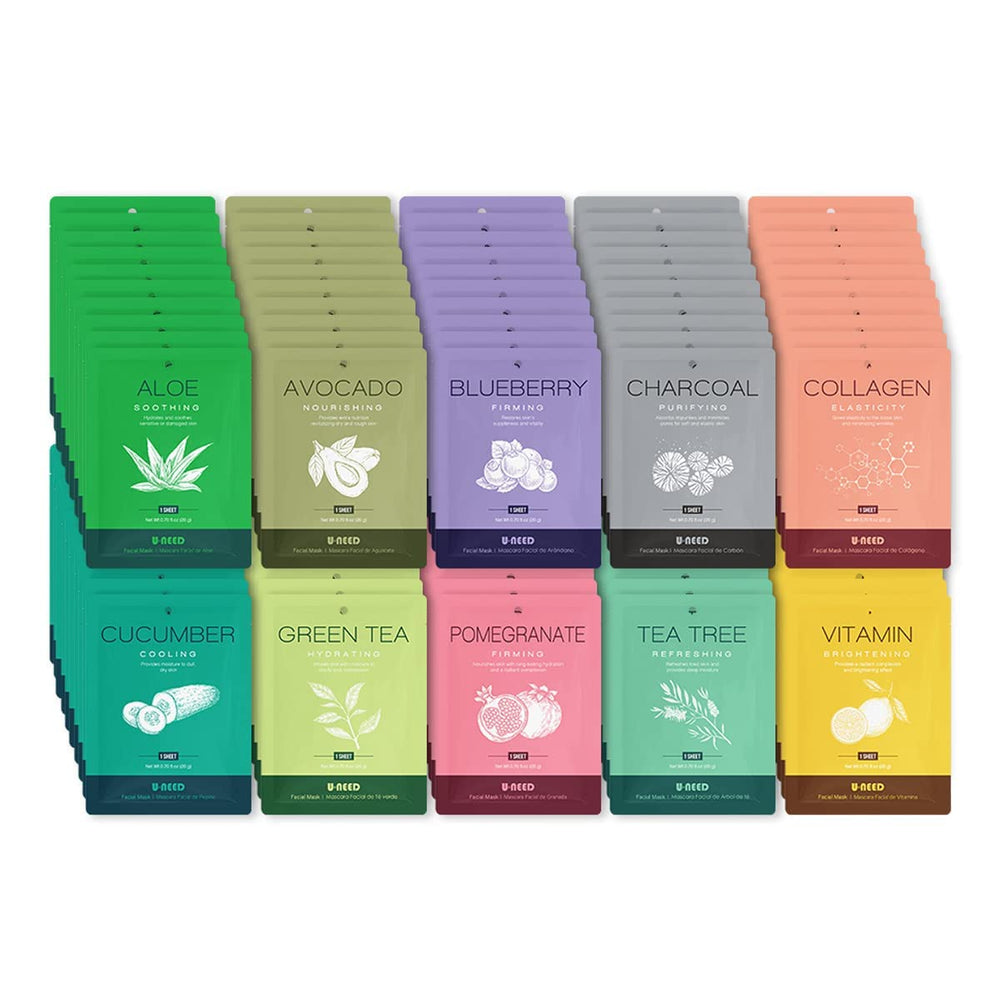 U-NEED Aloe mask sheets for deep hydration and radiant skin.