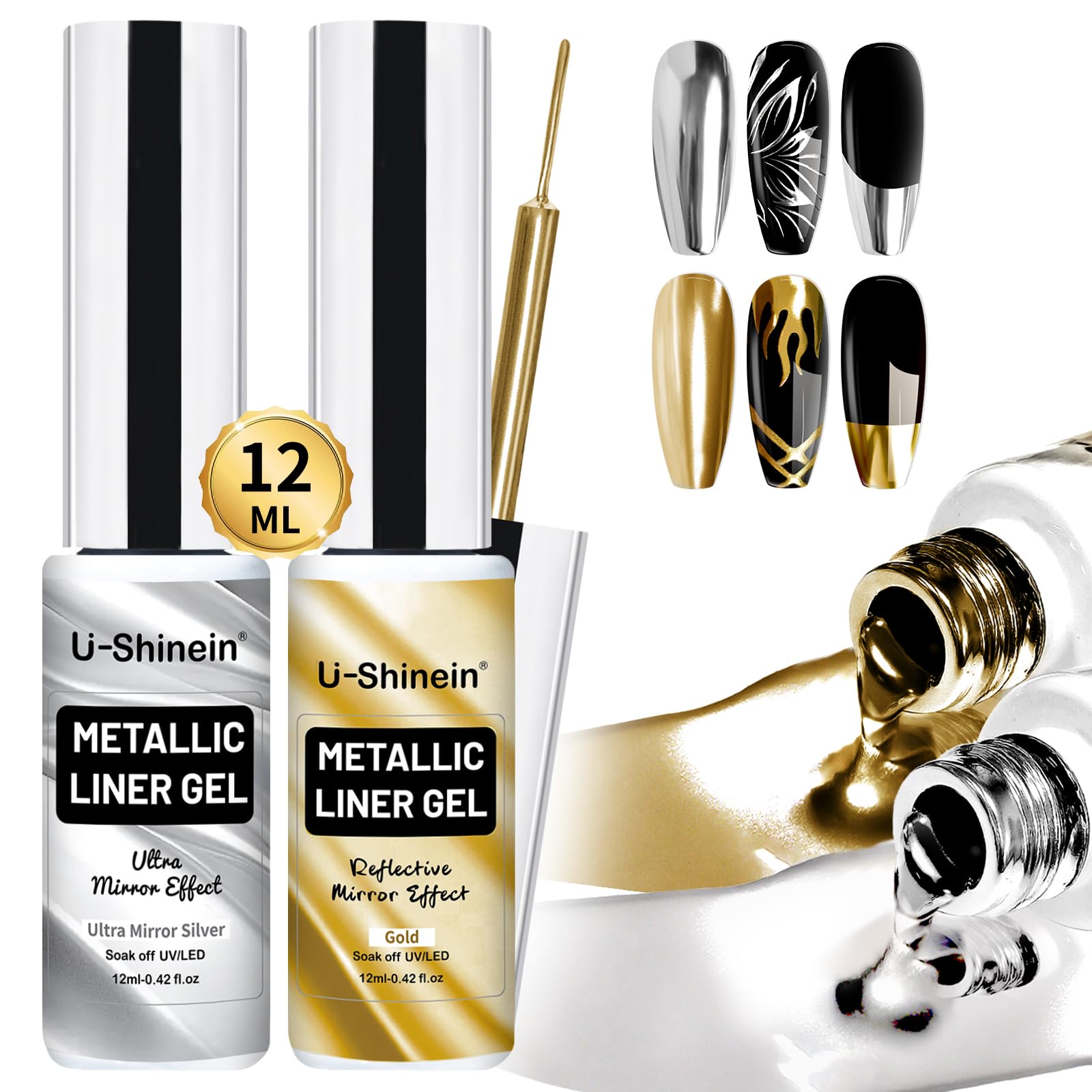 U-Shinein mirror chrome gel nail painting delivers a long-lasting, eye-catching metallic finish