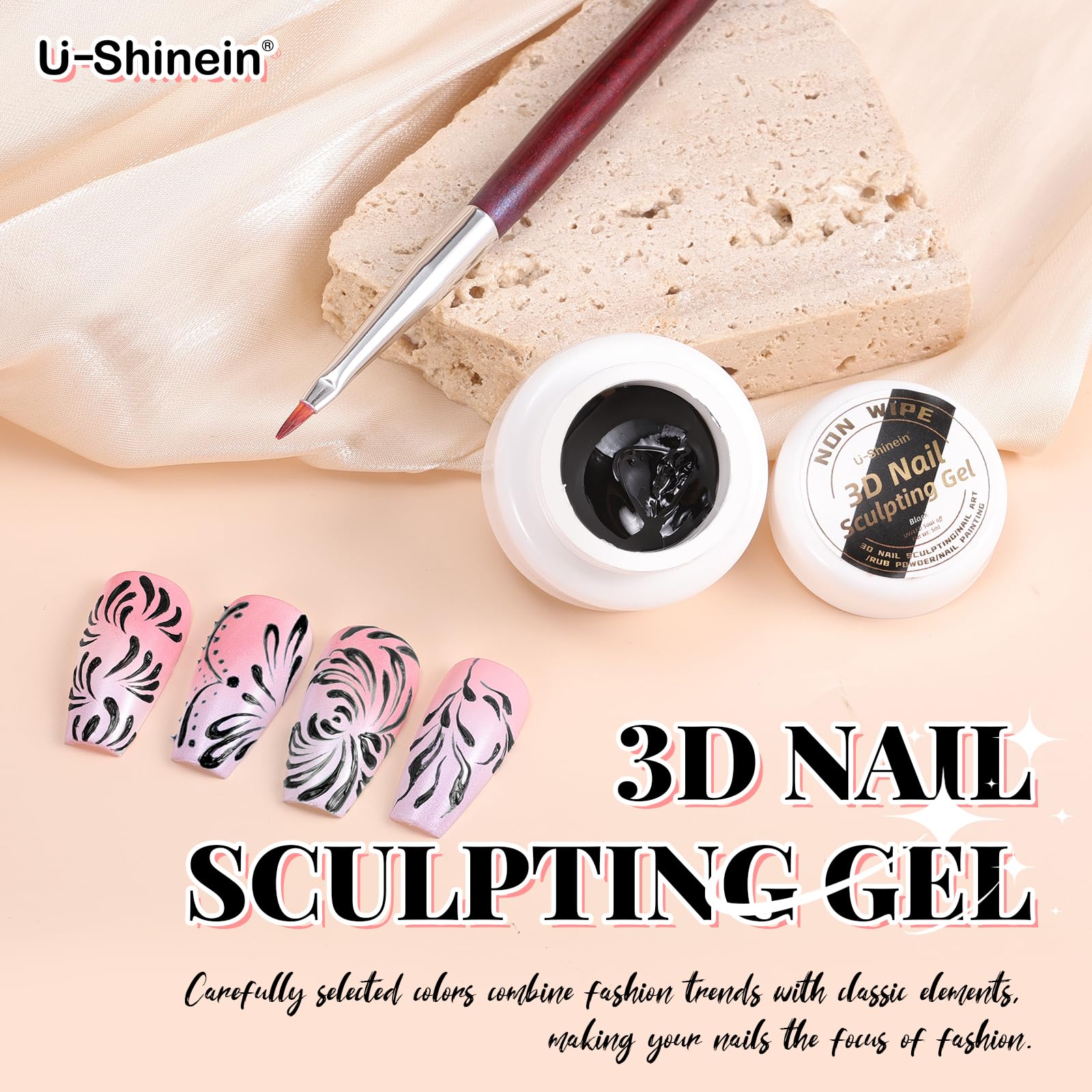 U-Shinein packaging shows included sculpture gel and painting pen for a complete DIY kit.