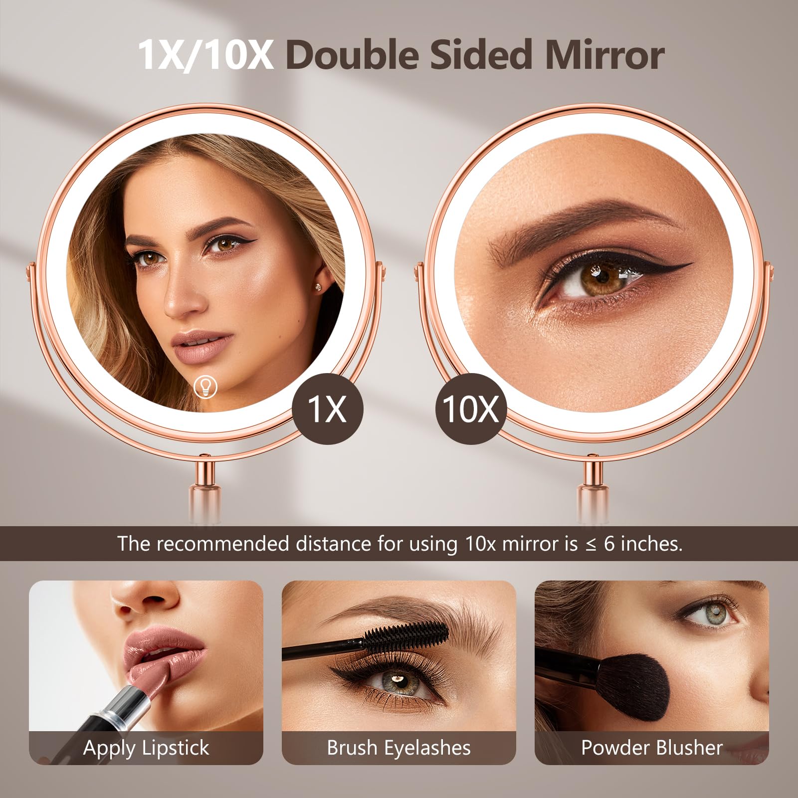UBYMET height-adjustable vanity mirror, rose gold, comfortable angles for any table.