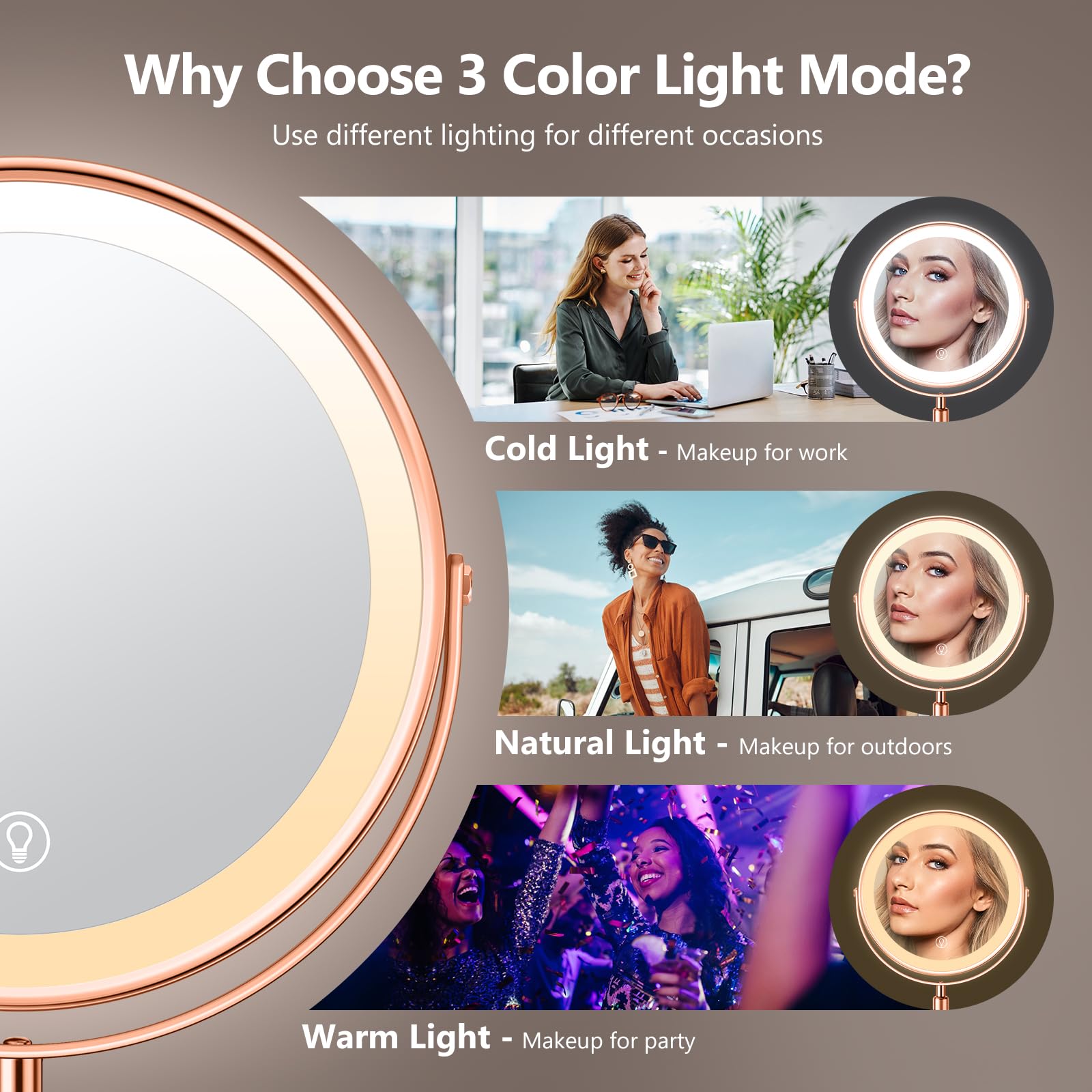 UBYMET rose-gold light color modes, versatile lighting for every step.