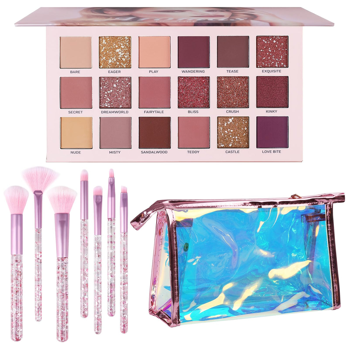 UCANBE 18-color nude eyeshadow palette swatches showing versatile tones for everyday looks