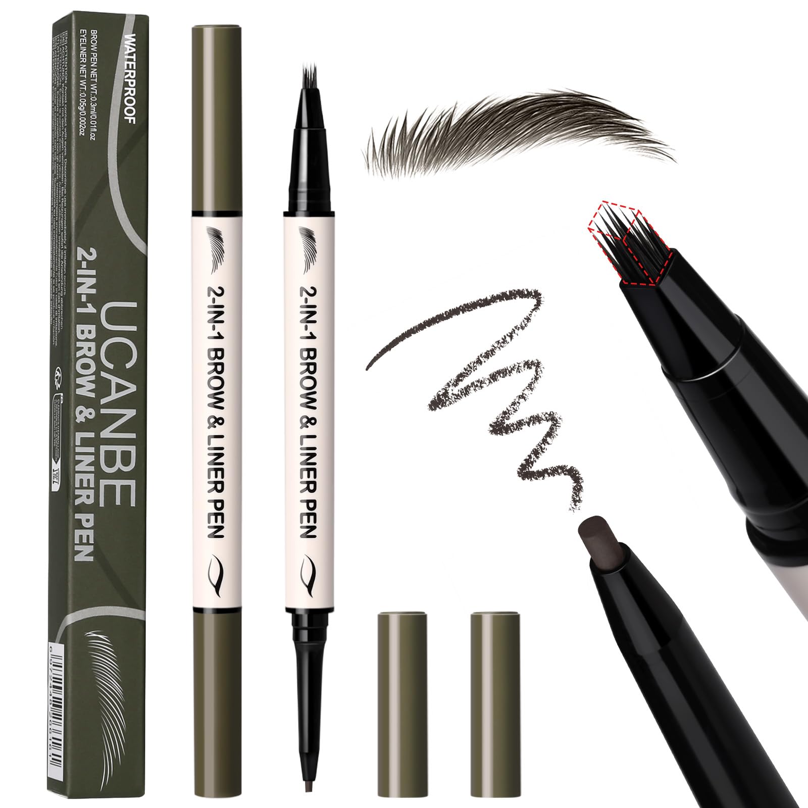 UCANBE 2-in-1 brow pen and gel eyeliner dual-ended for precise everyday definition.