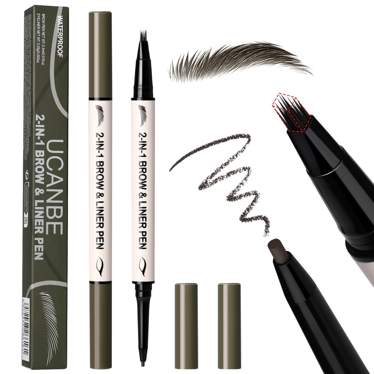 UCANBE 2-in-1 brow pen and gel eyeliner dual-ended for precise everyday definition.