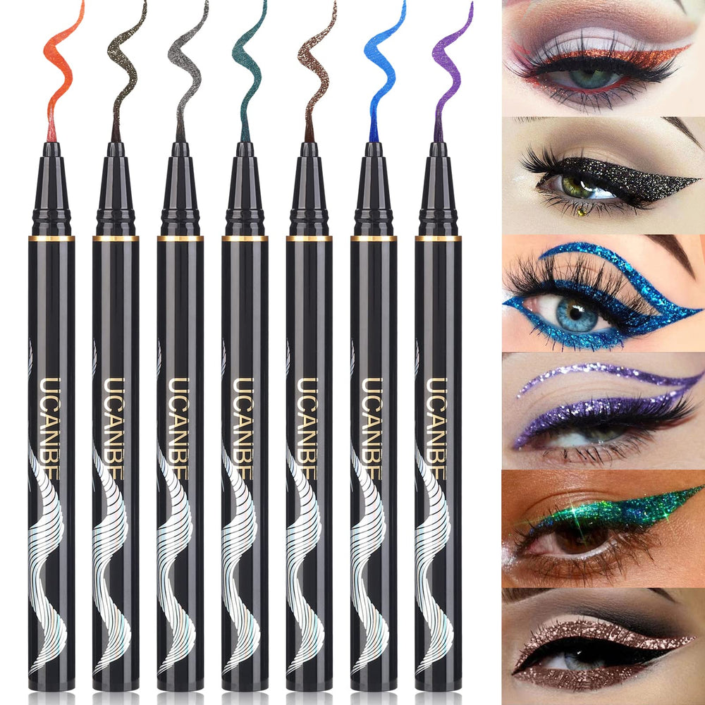 UCANBE 7 Colors Shimmer Eyeliner Set close-up of glittery satin finishes for day-to-night looks.