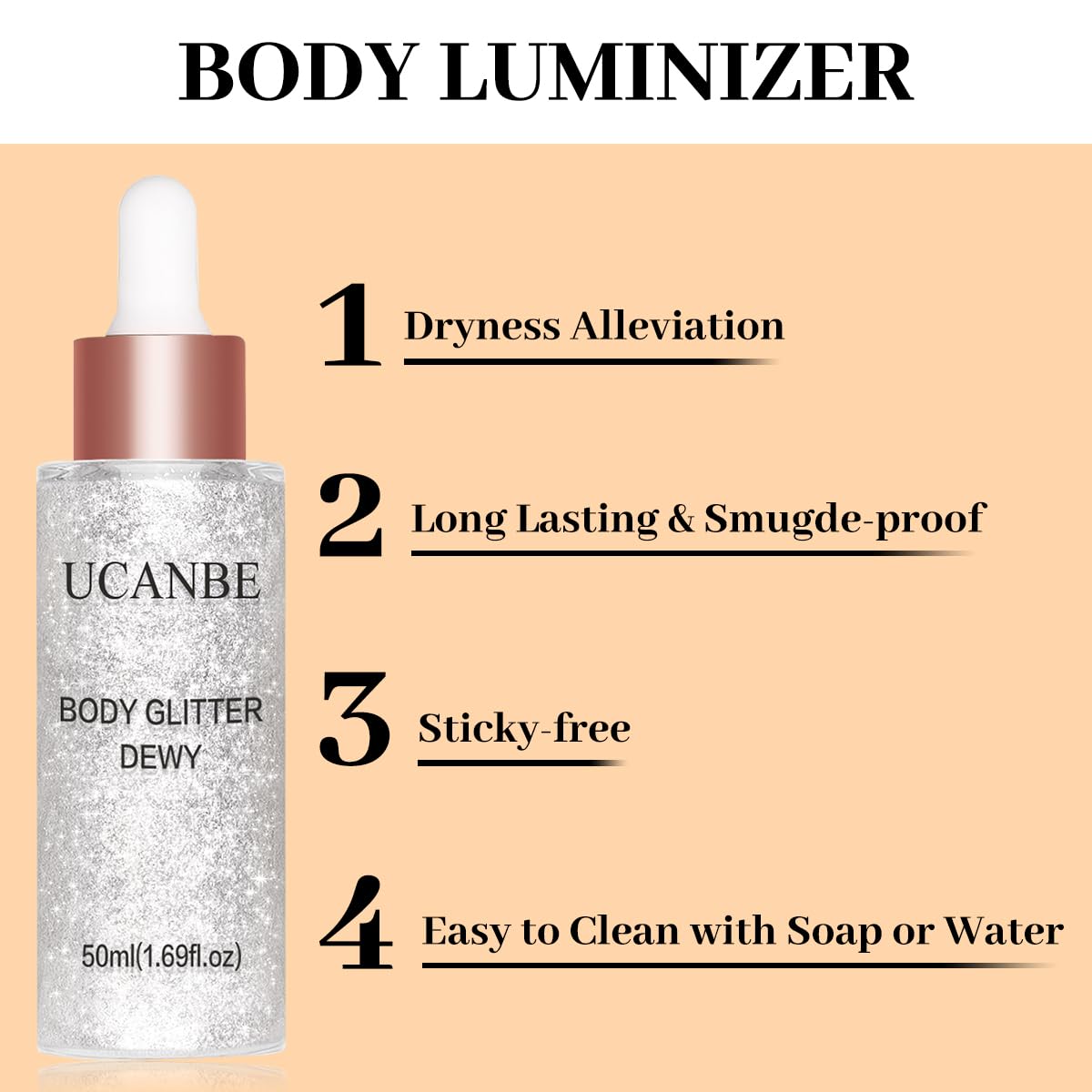 UCANBE body glitter on skin delivers dewy shimmering finish