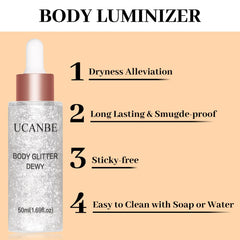 UCANBE body glitter on skin delivers dewy shimmering finish