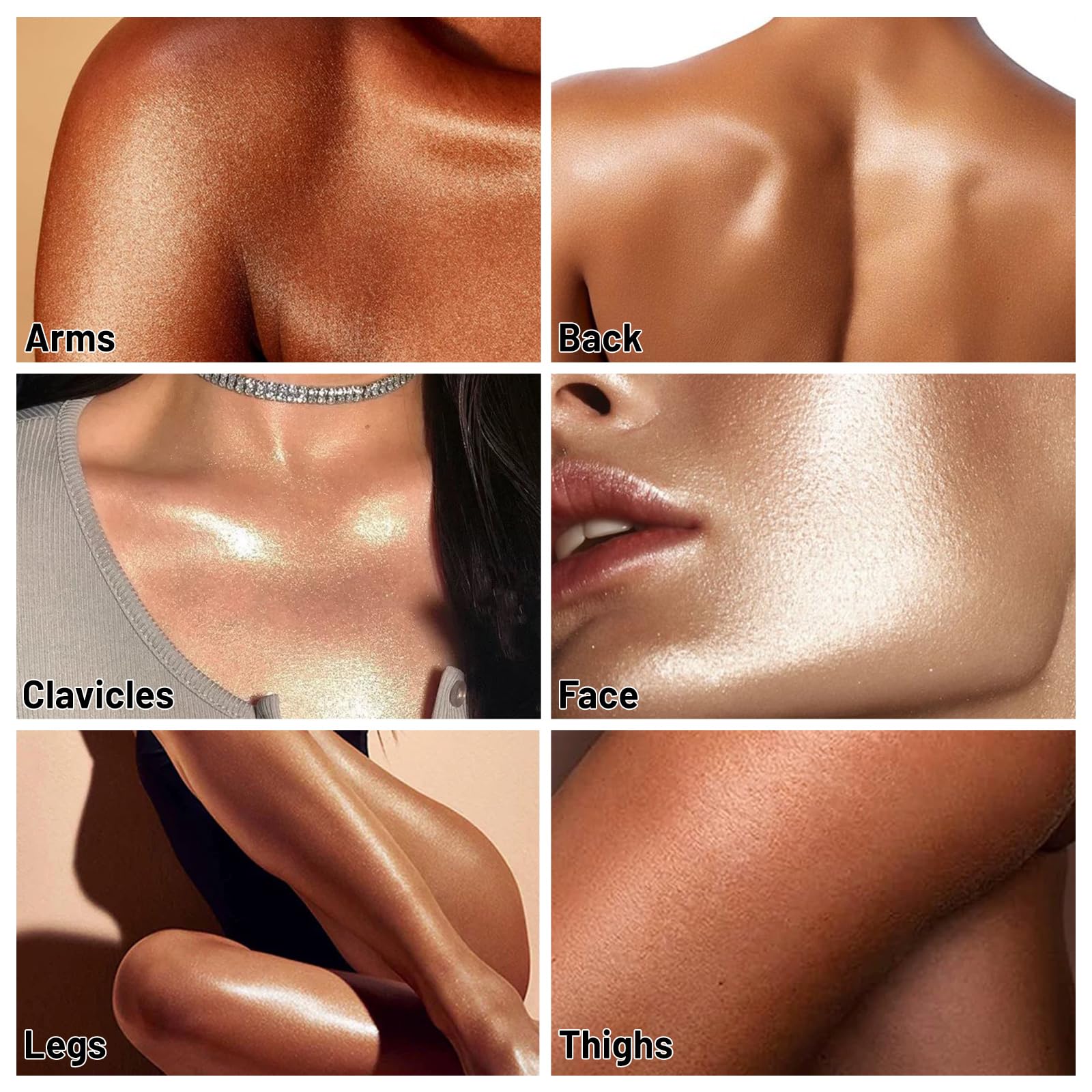 UCANBE Body Shimmer Oil highlights collarbone with bronze glitter