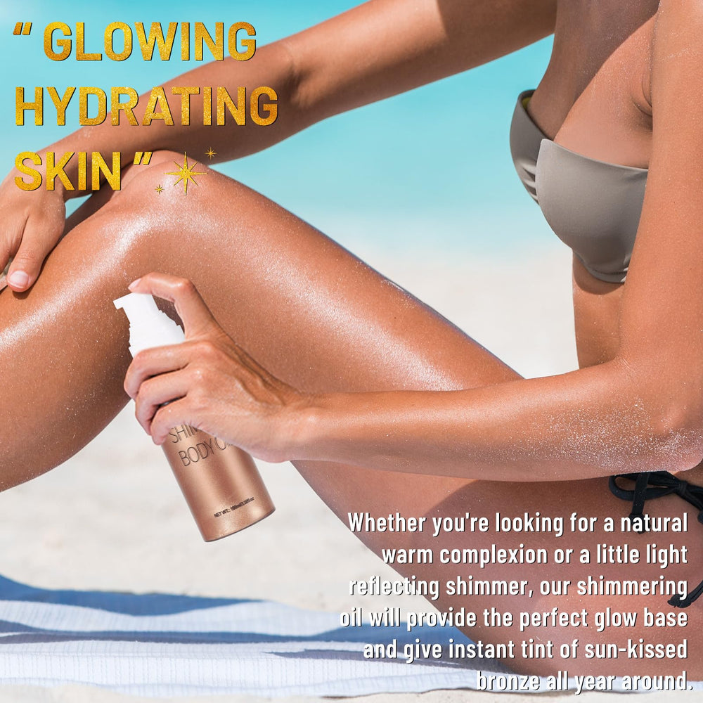 UCANBE Body Shimmer Oil on legs adds dewy radiance