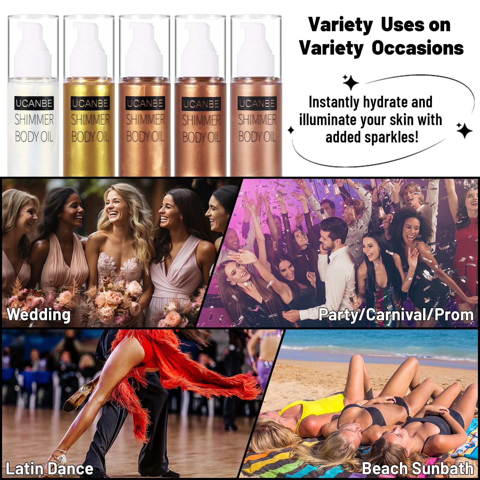 UCANBE Body Shimmer Oil provides a waterproof shimmer that lasts