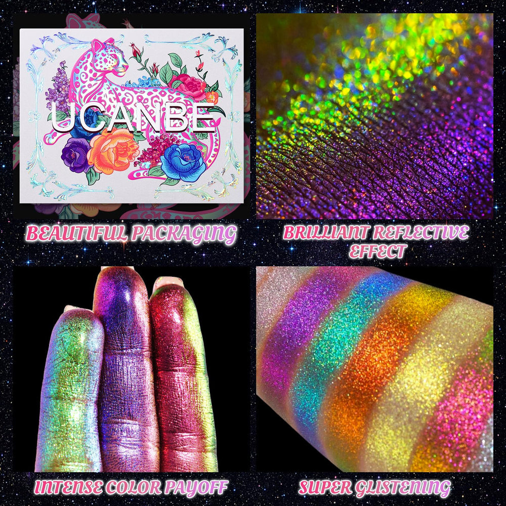 UCANBE chromatic glitter closeup demonstrates sparkling pigments for editorial or fantasy looks.