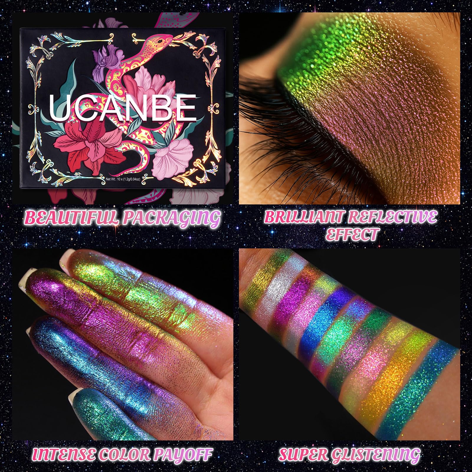 UCANBE Chameleon Multichrome festival-glam look-ready under dynamic lighting.