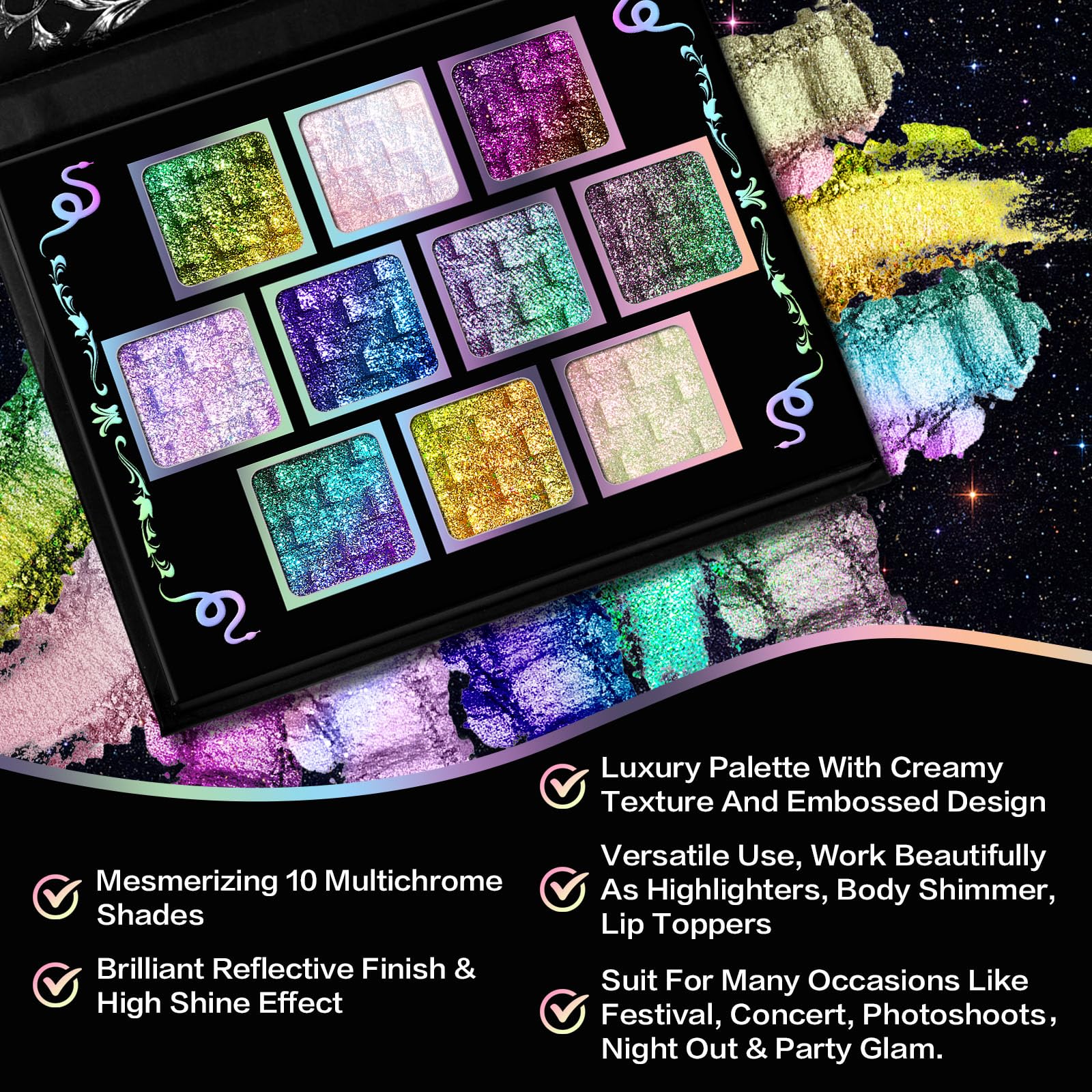 UCANBE Chameleon Multichrome foil-finish shimmer catches light for dramatic eye looks.