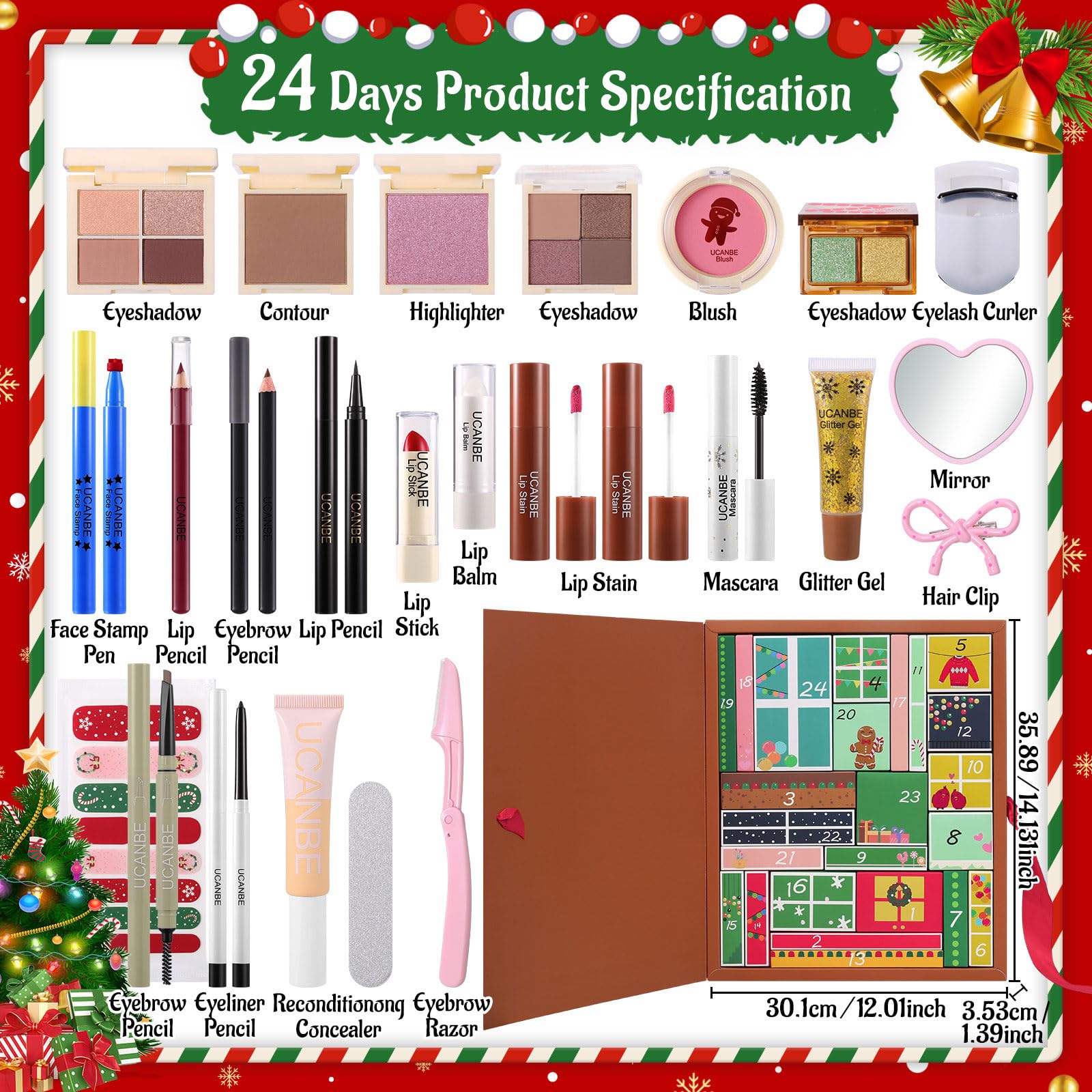 UCANBE contour-eyeshadow-highlighter palette displayed for versatile holiday looks.
