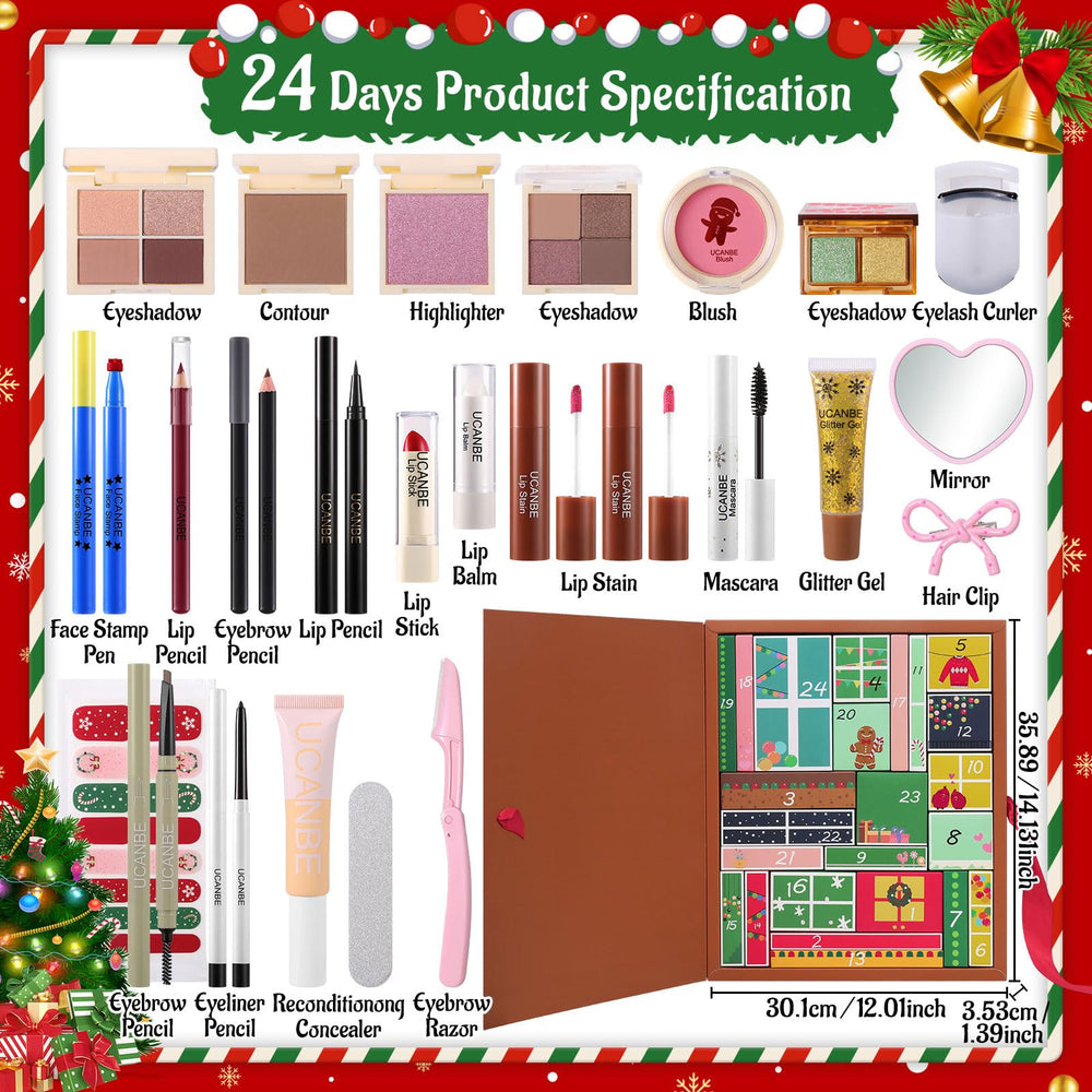 UCANBE contour-eyeshadow-highlighter palette displayed for versatile holiday looks.