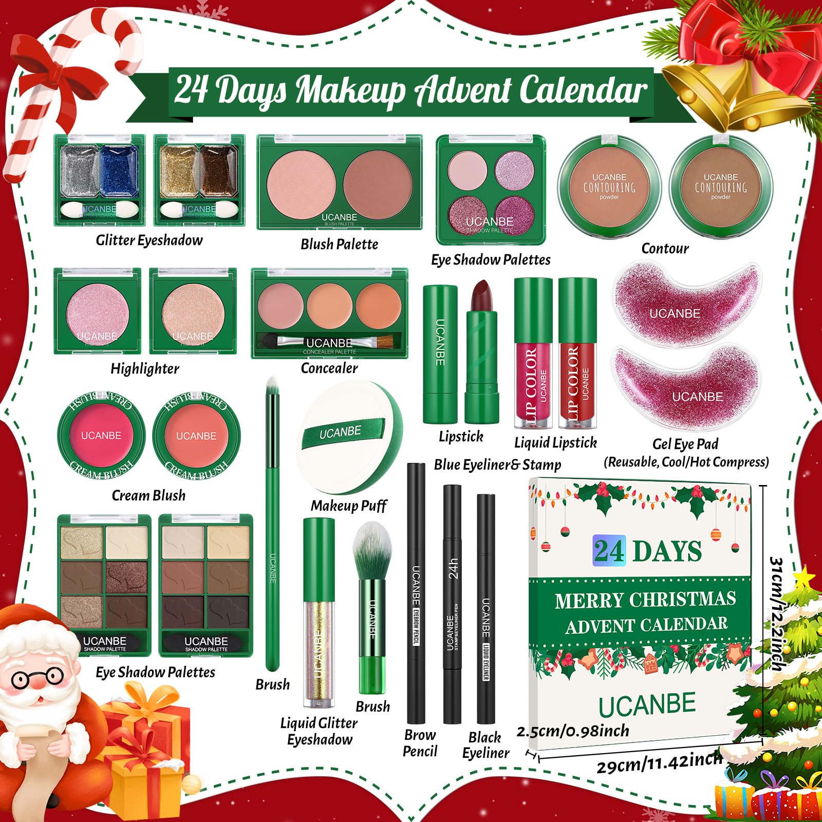 UCANBE eyeshadow palette collection in vibrant holiday tones.