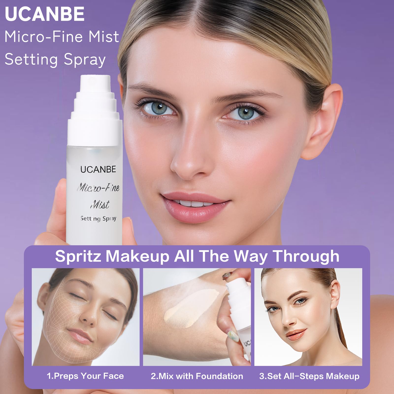 UCANBE glow-finish spray application capturing dewy radiance in real life