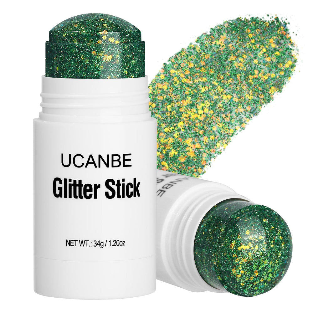UCANBE Green Body Glitter Stick front close-up shows vibrant seven-color sparkle for stage-ready looks.