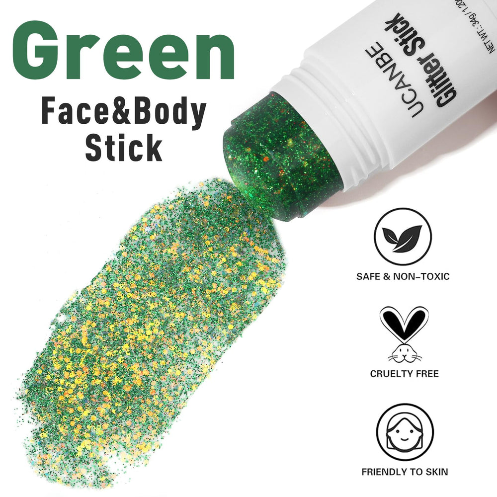 UCANBE Green Body Glitter Stick on face highlights bold, safe sparkle for performances.