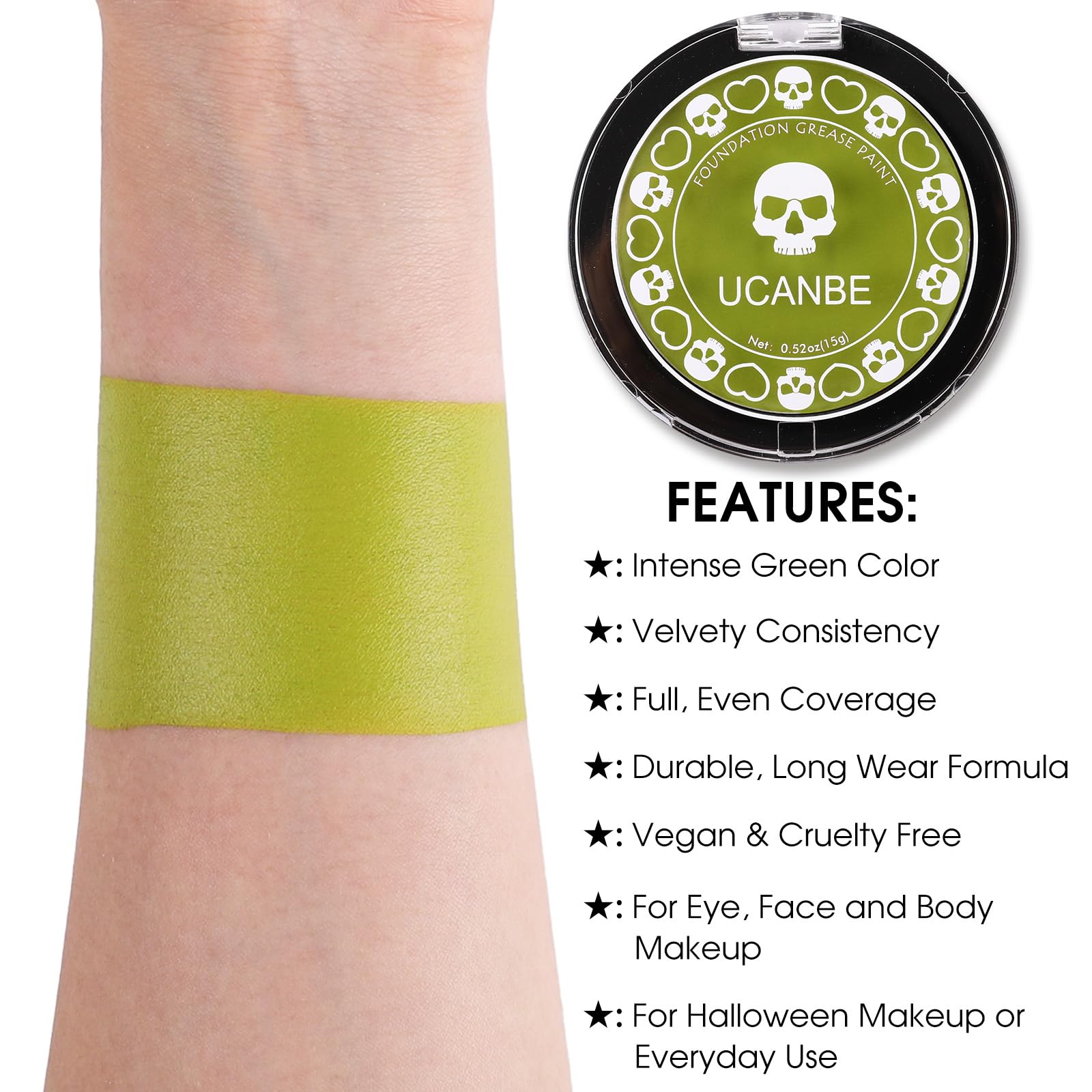 UCANBE Green Cream Face Paint silky texture enables easy full-coverage looks.