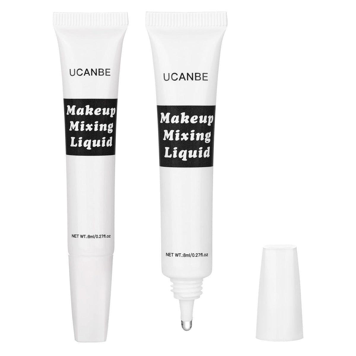 UCANBE Makeup Mixing Liquid tube closeup showing leak-resistant packaging for on-the-go touchups