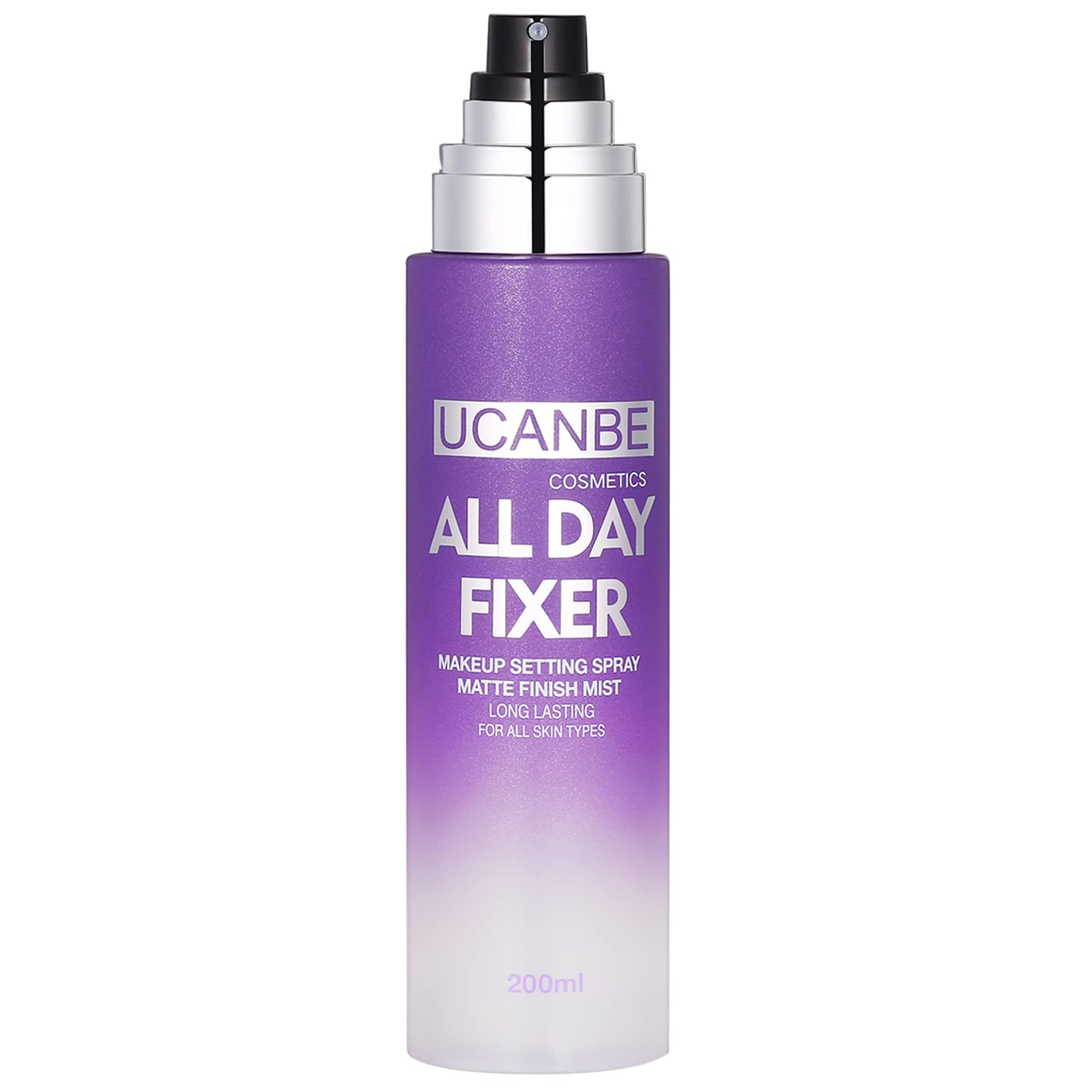 UCANBE makeup setting spray bottle top close-up showing matte finish