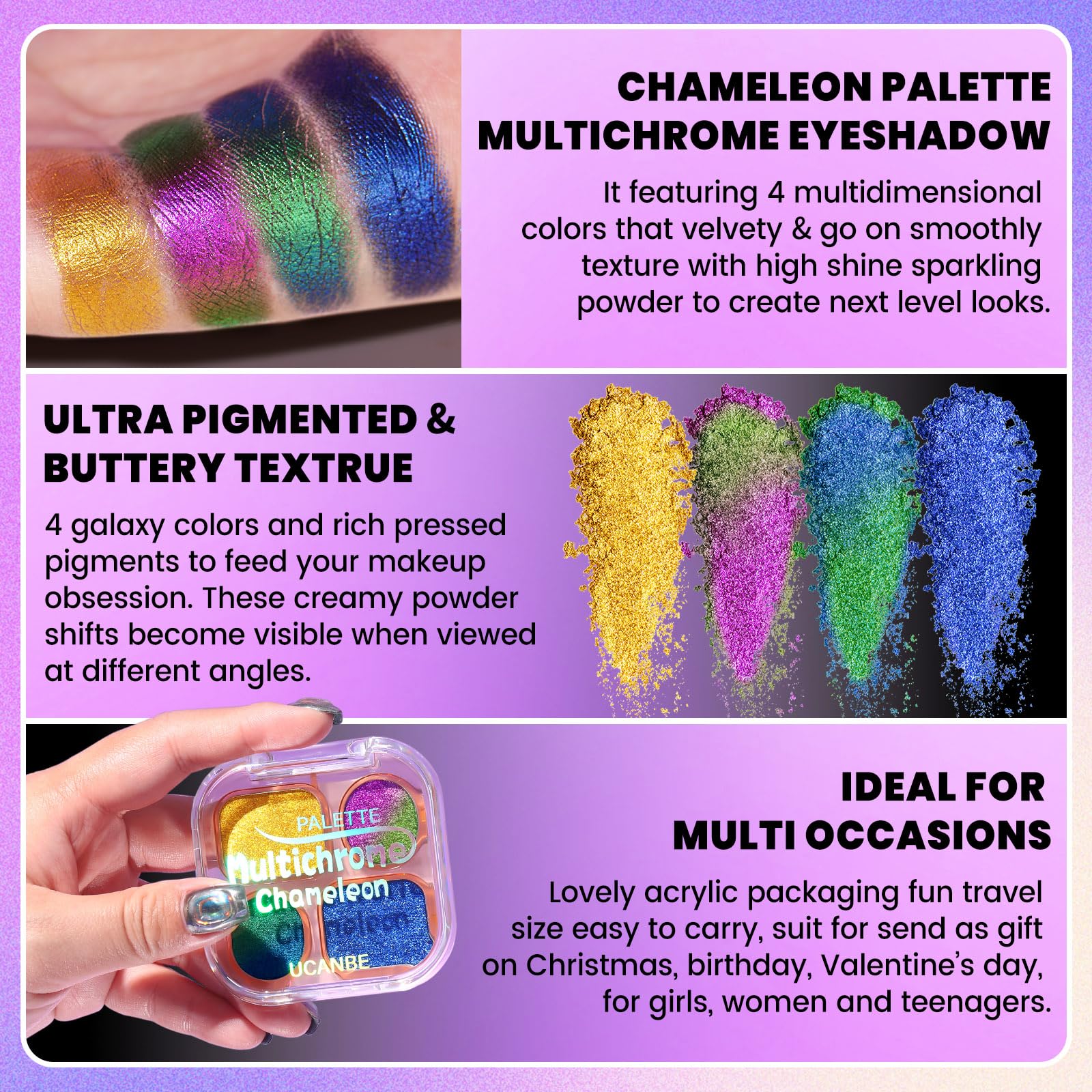 UCANBE gold-shift swatches show luminous finish for bold day looks