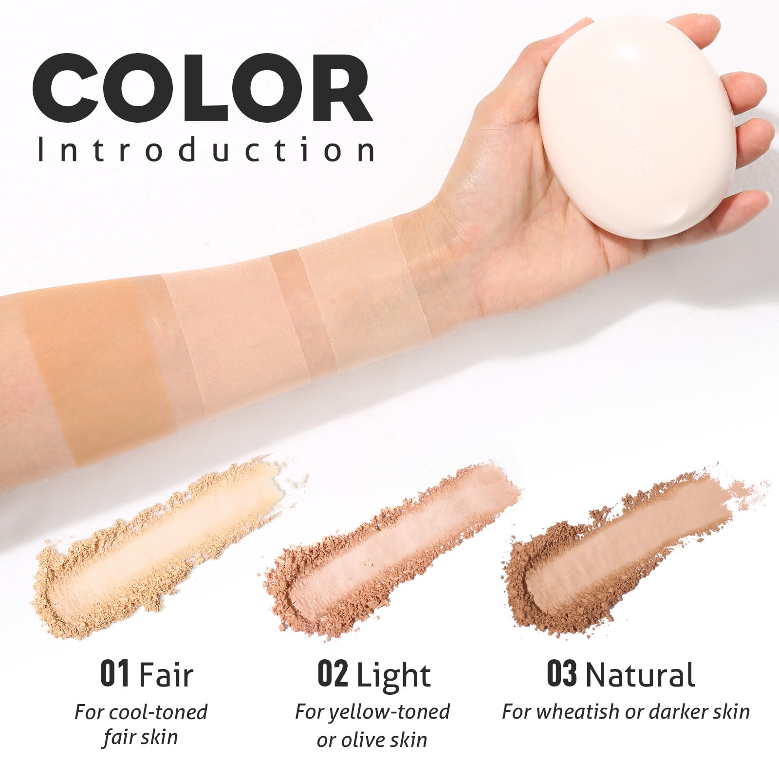 UCANBE pressed powder swatch showing natural-looking coverage and texture.