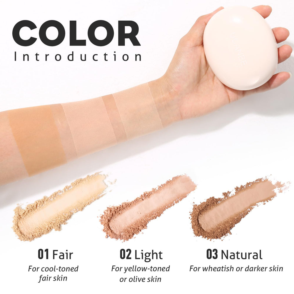 UCANBE pressed powder swatch showing natural-looking coverage and texture.