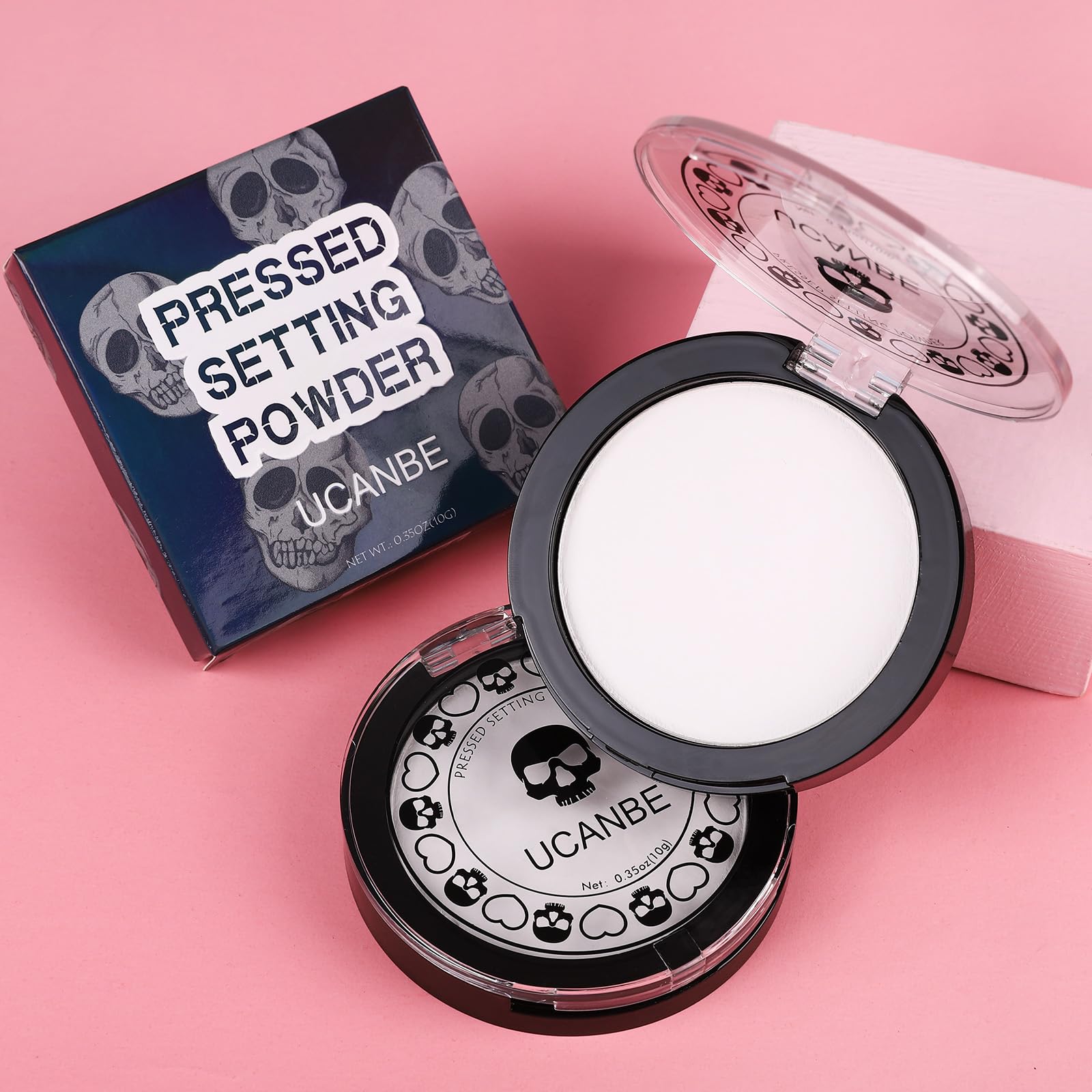 UCANBE white pressed powder compact side view highlights portable, travel-ready design