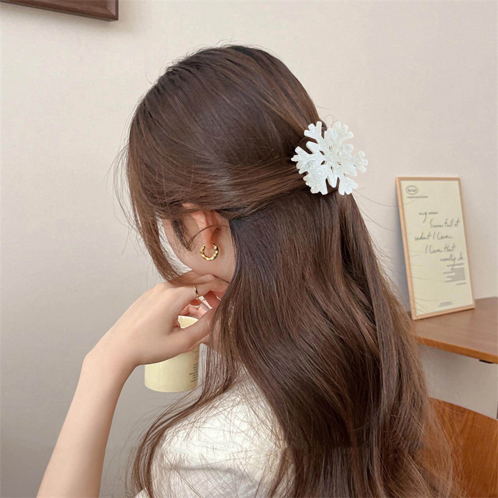 UCCASA Christmas Snowflake Hair Clip on curled hair adds festive charm and secure styling.