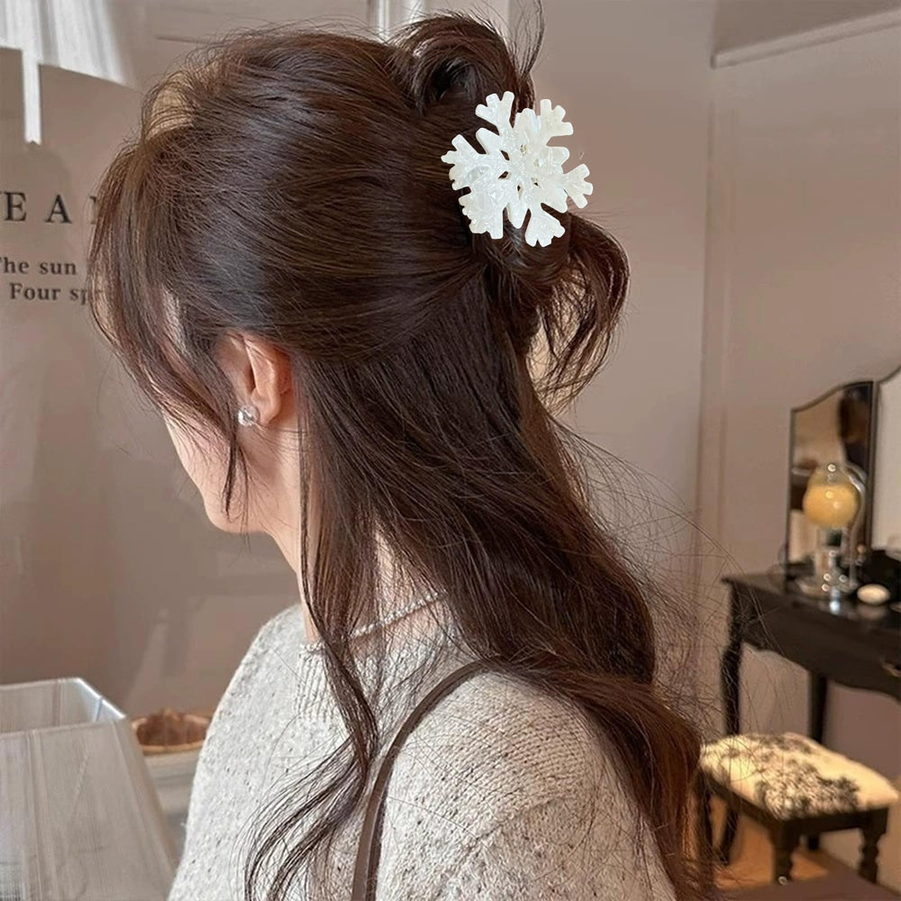 UCCASA Christmas Snowflake Hair Clip worn with long hair for elegant, reliable hold.